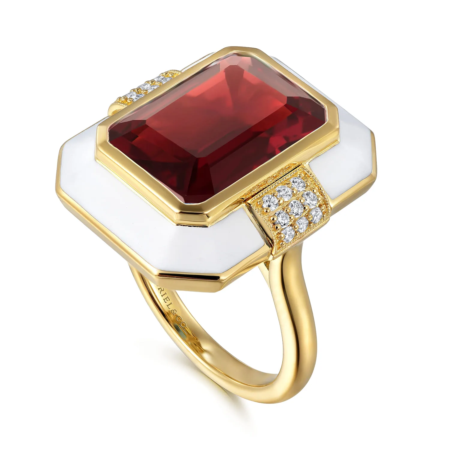 Diamond and Garnet Cocktail Ring with White Enamel in 14K Yellow Gold, photograph 3
