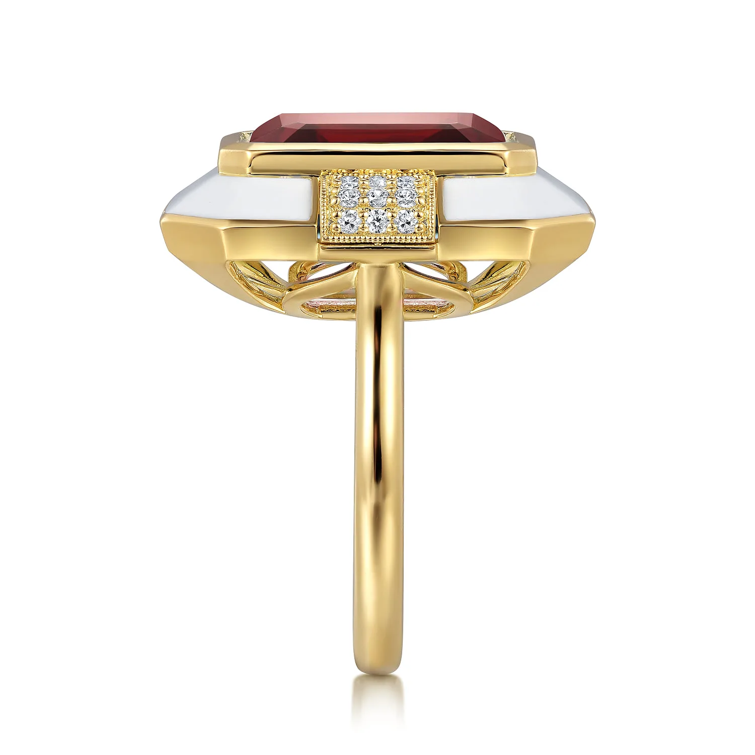 Diamond and Garnet Cocktail Ring with White Enamel in 14K Yellow Gold, photograph 4