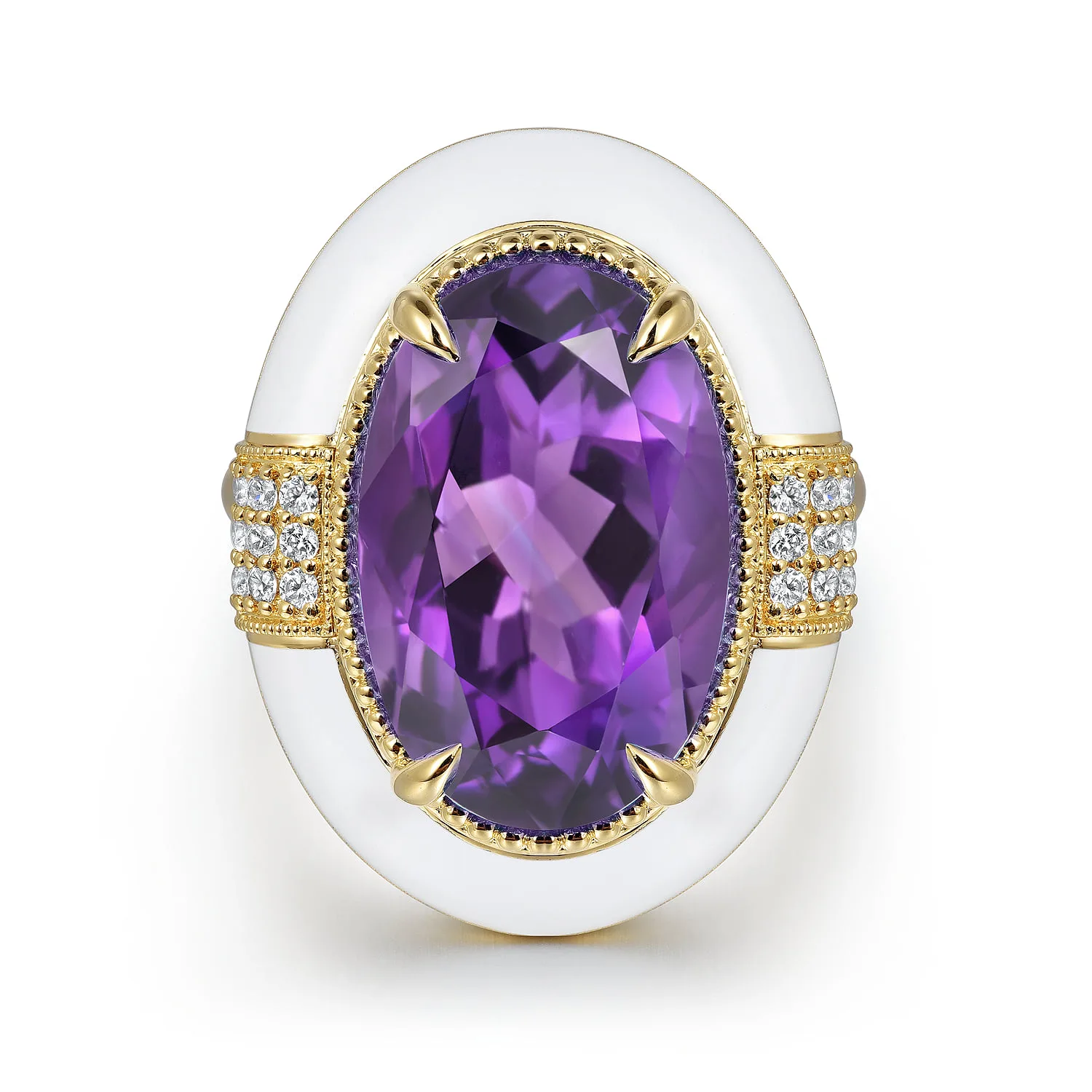 Diamond and Amethyst Cocktail Ring with White Enamel