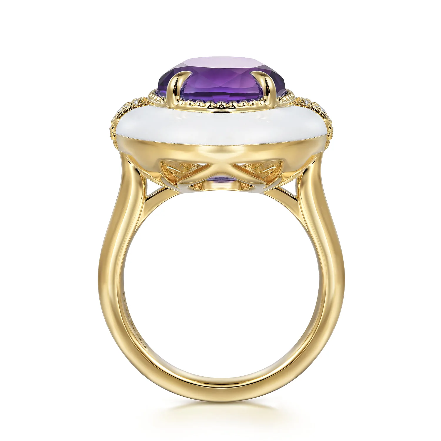 Diamond and Amethyst Cocktail Ring with White Enamel in 14K Yellow Gold, photograph 2