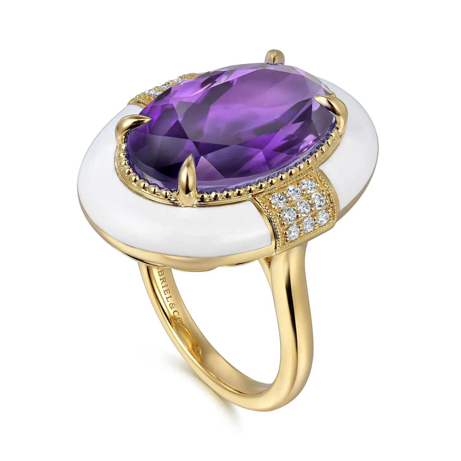 Diamond and Amethyst Cocktail Ring with White Enamel in 14K Yellow Gold, photograph 3