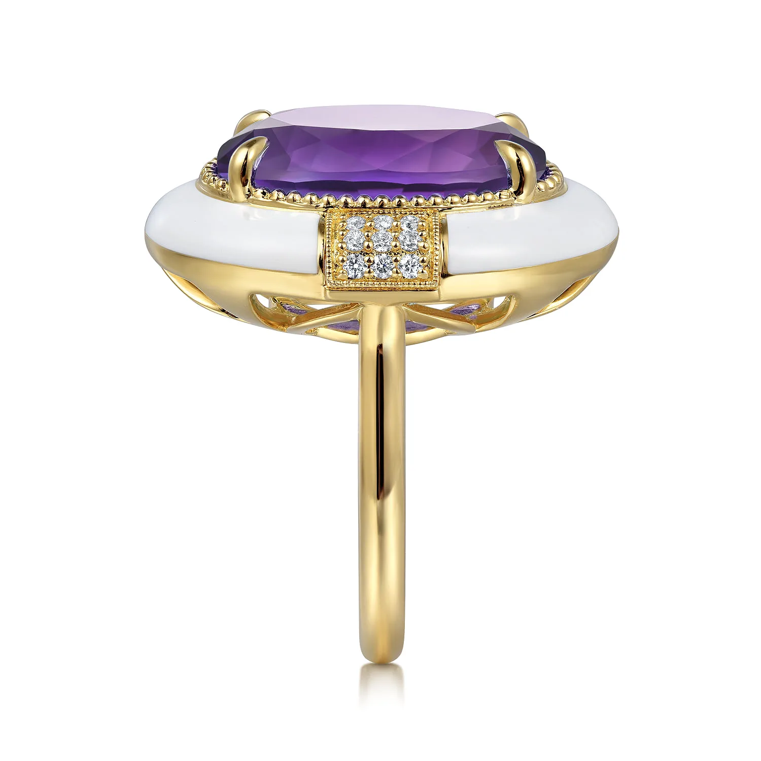 Diamond and Amethyst Cocktail Ring with White Enamel in 14K Yellow Gold, photograph 4
