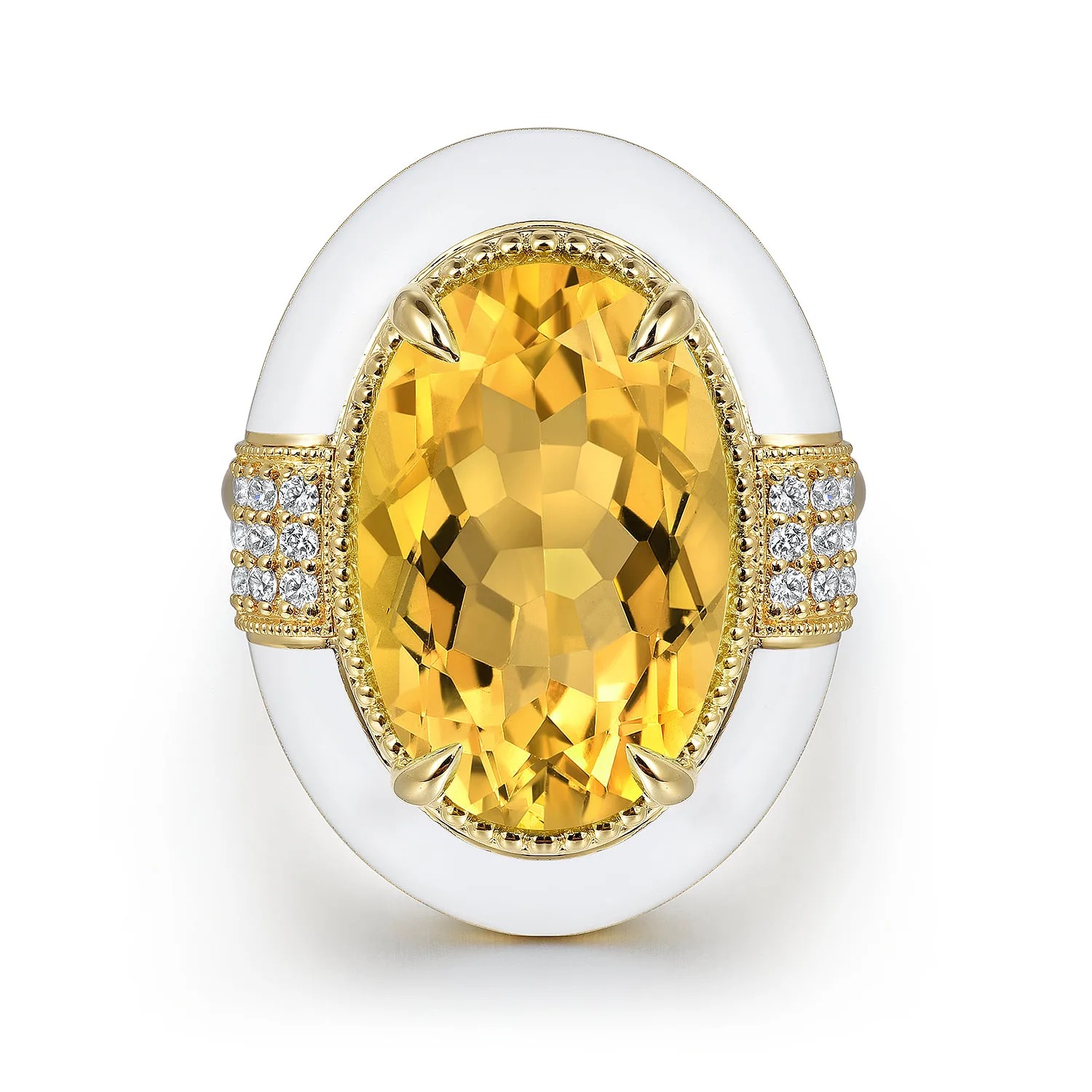 Diamond and Citrine Cocktail Ring with White Enamel