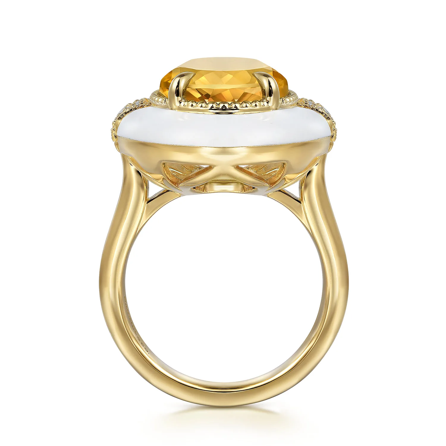 Diamond and Citrine Cocktail Ring with White Enamel in 14K Yellow Gold, photograph 2