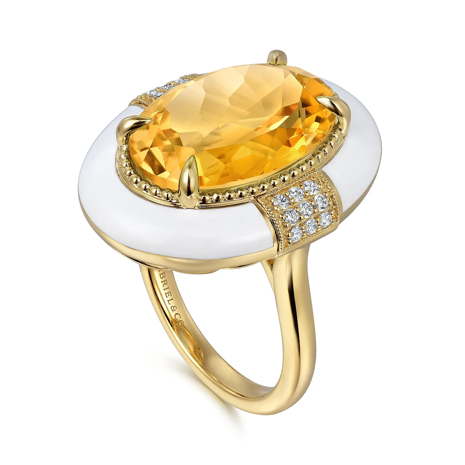 Diamond and Citrine Cocktail Ring with White Enamel in 14K Yellow Gold, photograph 3