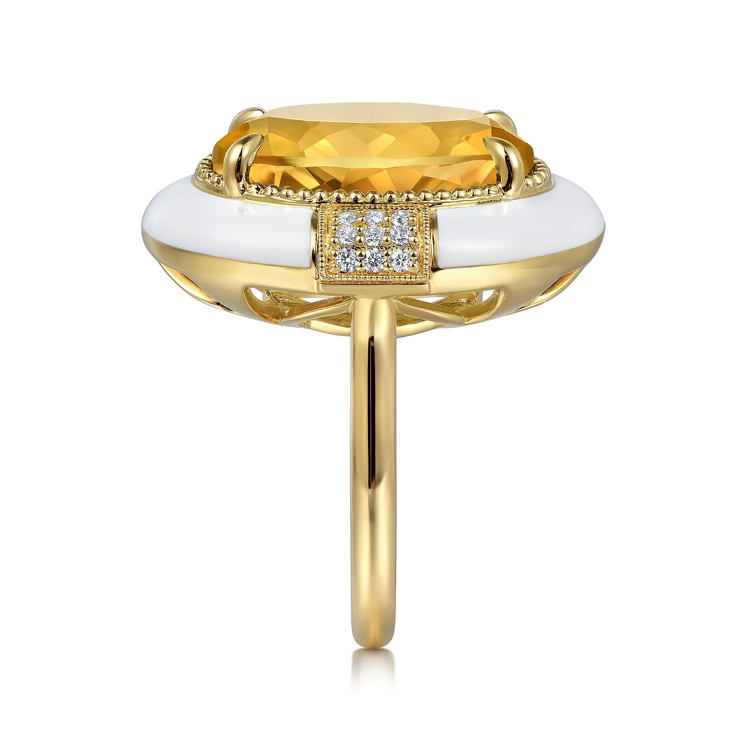 Diamond and Citrine Cocktail Ring with White Enamel in 14K Yellow Gold, photograph 4