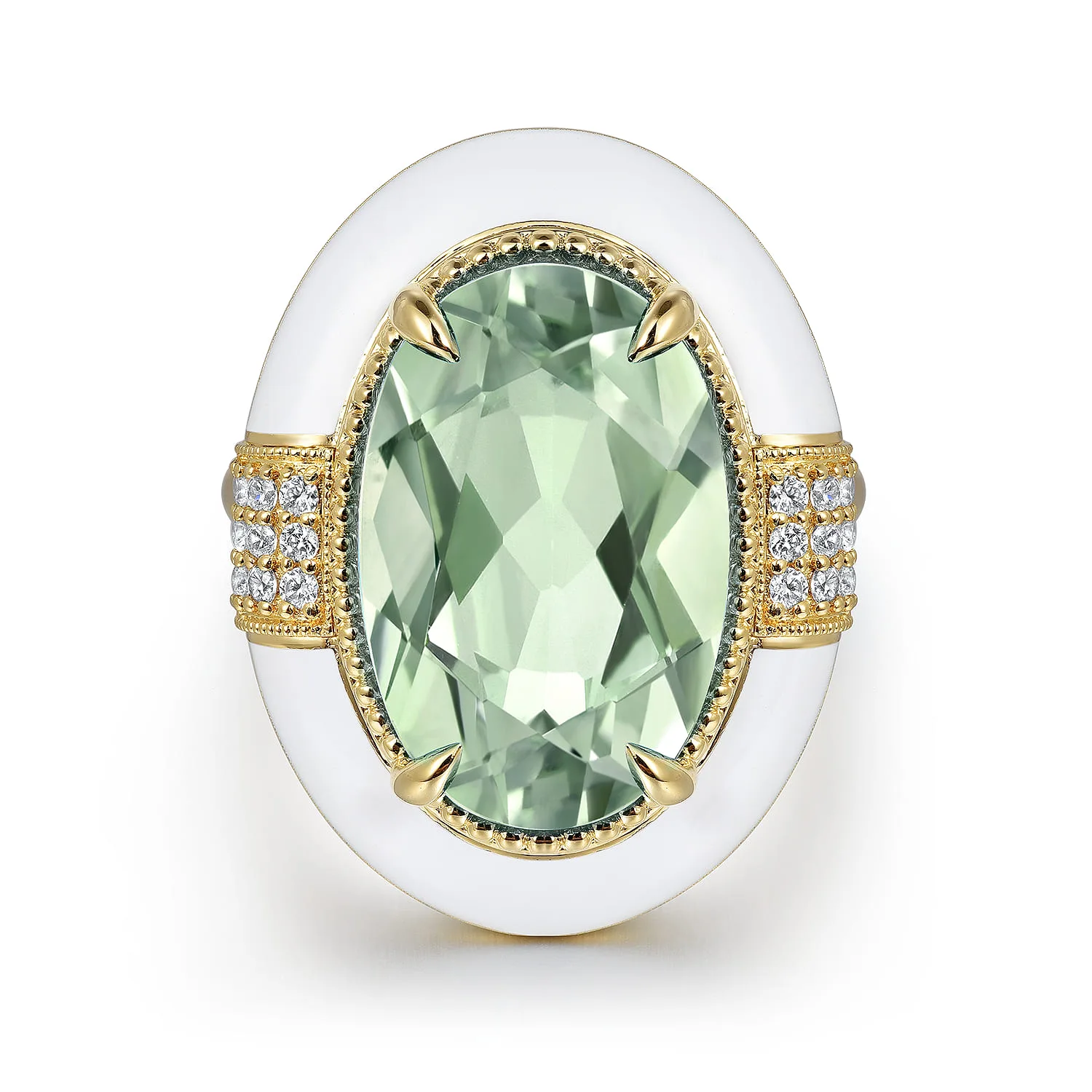Diamond and Green Amethyst Cocktail Ring with White Enamel
