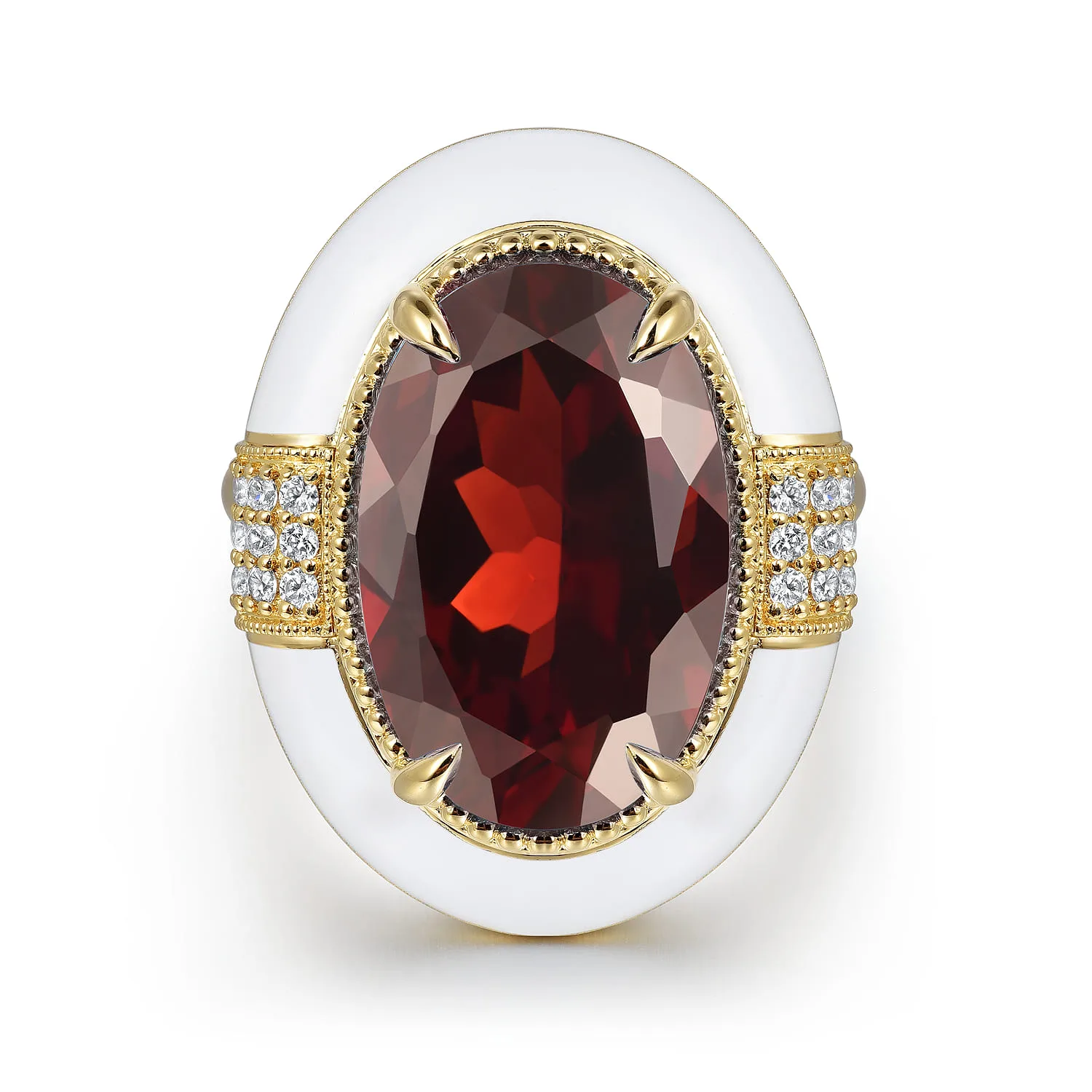 Diamond and Garnet Cocktail Ring with White Enamel