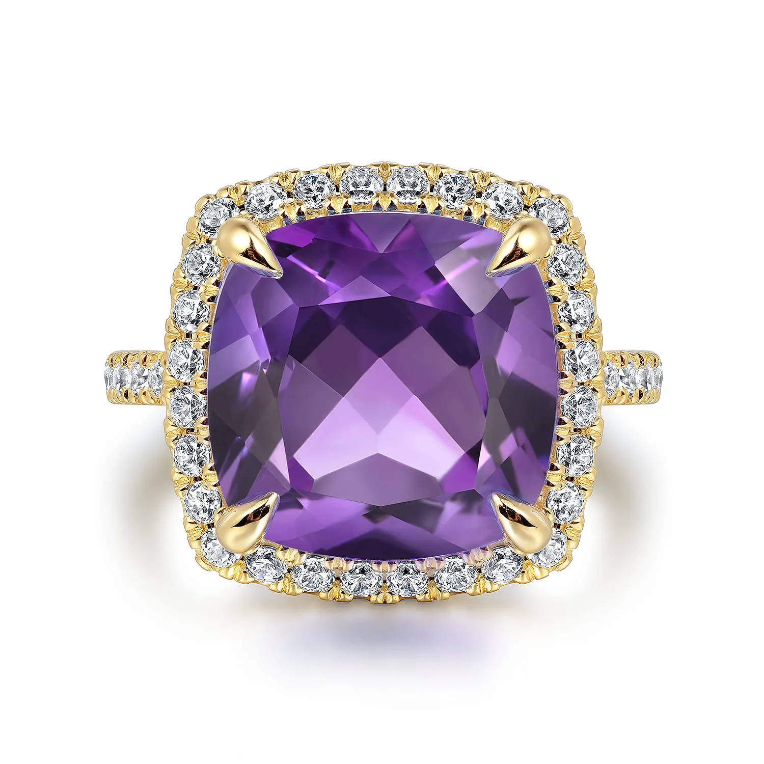 Diamond and Amethyst Cushion Cut Ladies Ring With Flower Pattern Gallery