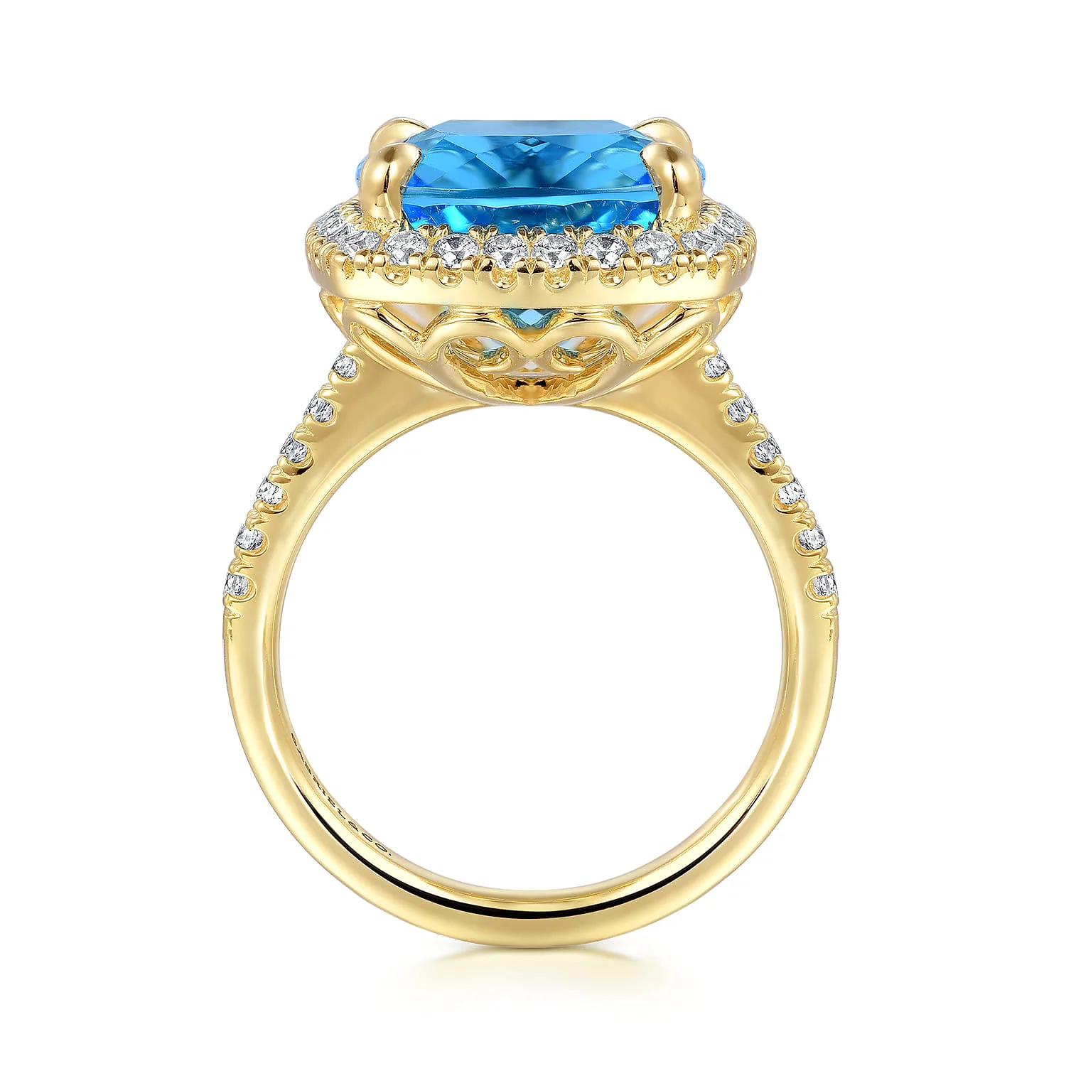 Diamond and Blue Topaz Cushion Cut Ladies Ring With Flower Pattern Gallery in 14K Yellow Gold, photograph 2