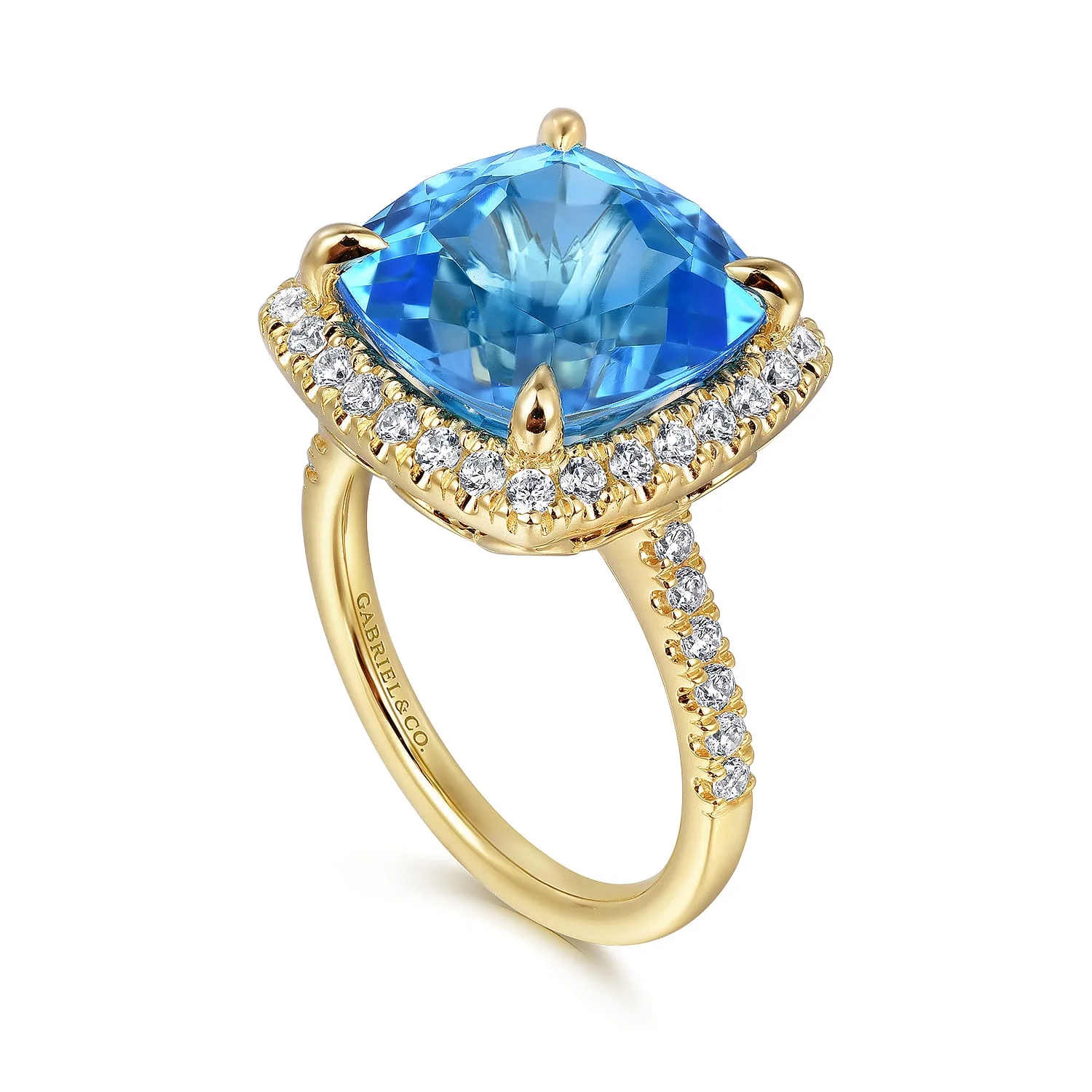 Diamond and Blue Topaz Cushion Cut Ladies Ring With Flower Pattern Gallery in 14K Yellow Gold, photograph 3