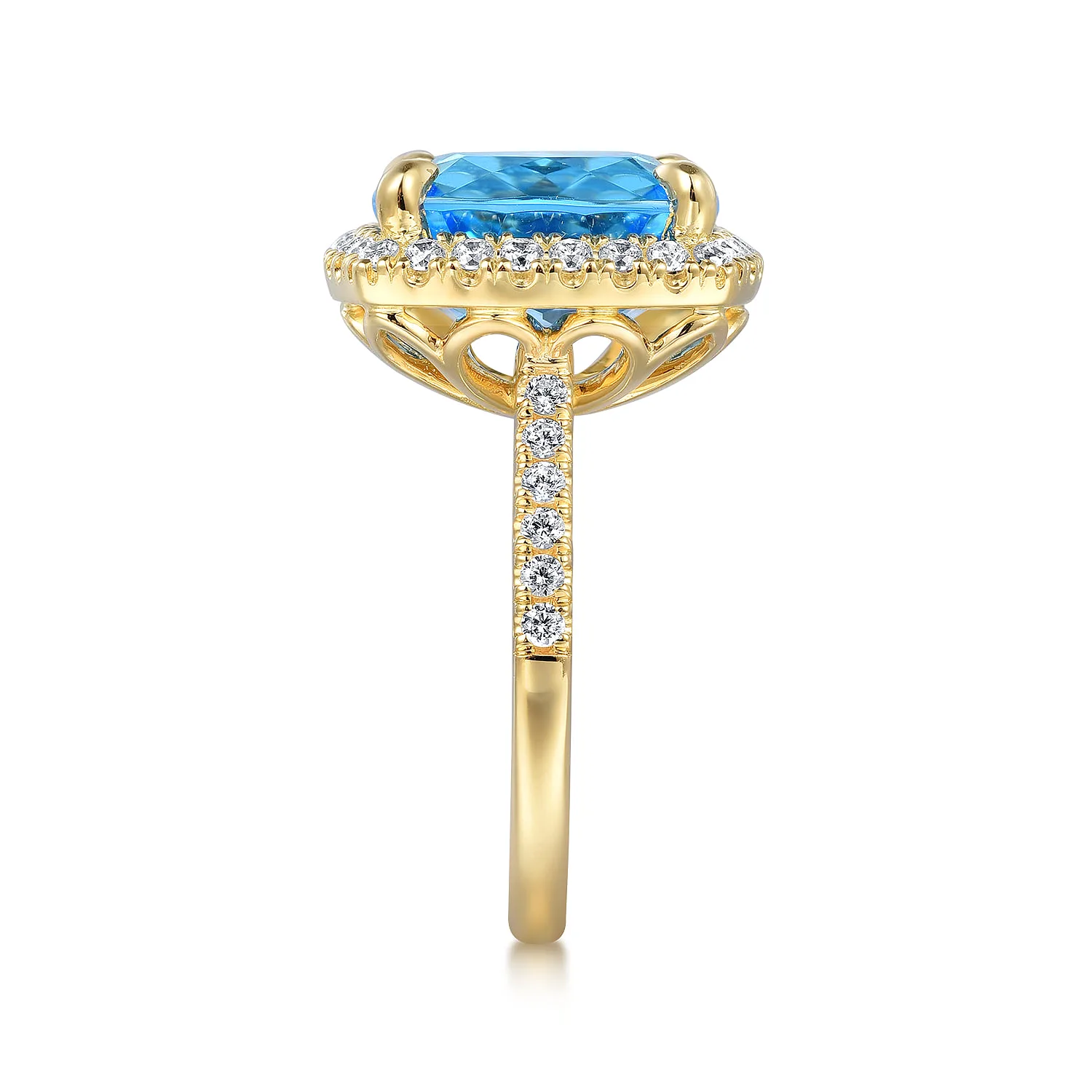 Diamond and Blue Topaz Cushion Cut Ladies Ring With Flower Pattern Gallery in 14K Yellow Gold, photograph 4