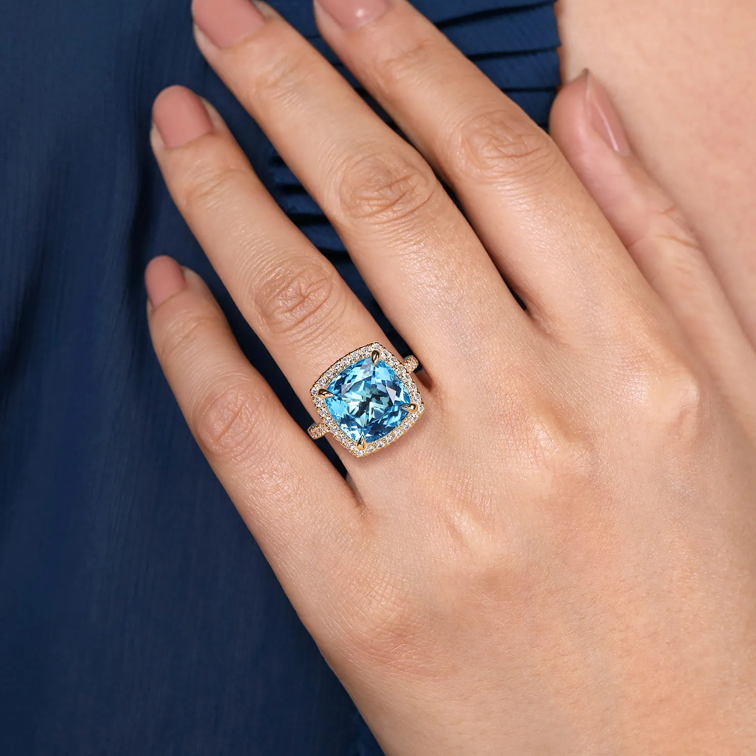 Diamond and Blue Topaz Cushion Cut Ladies Ring With Flower Pattern Gallery in 14K Yellow Gold, photograph 5