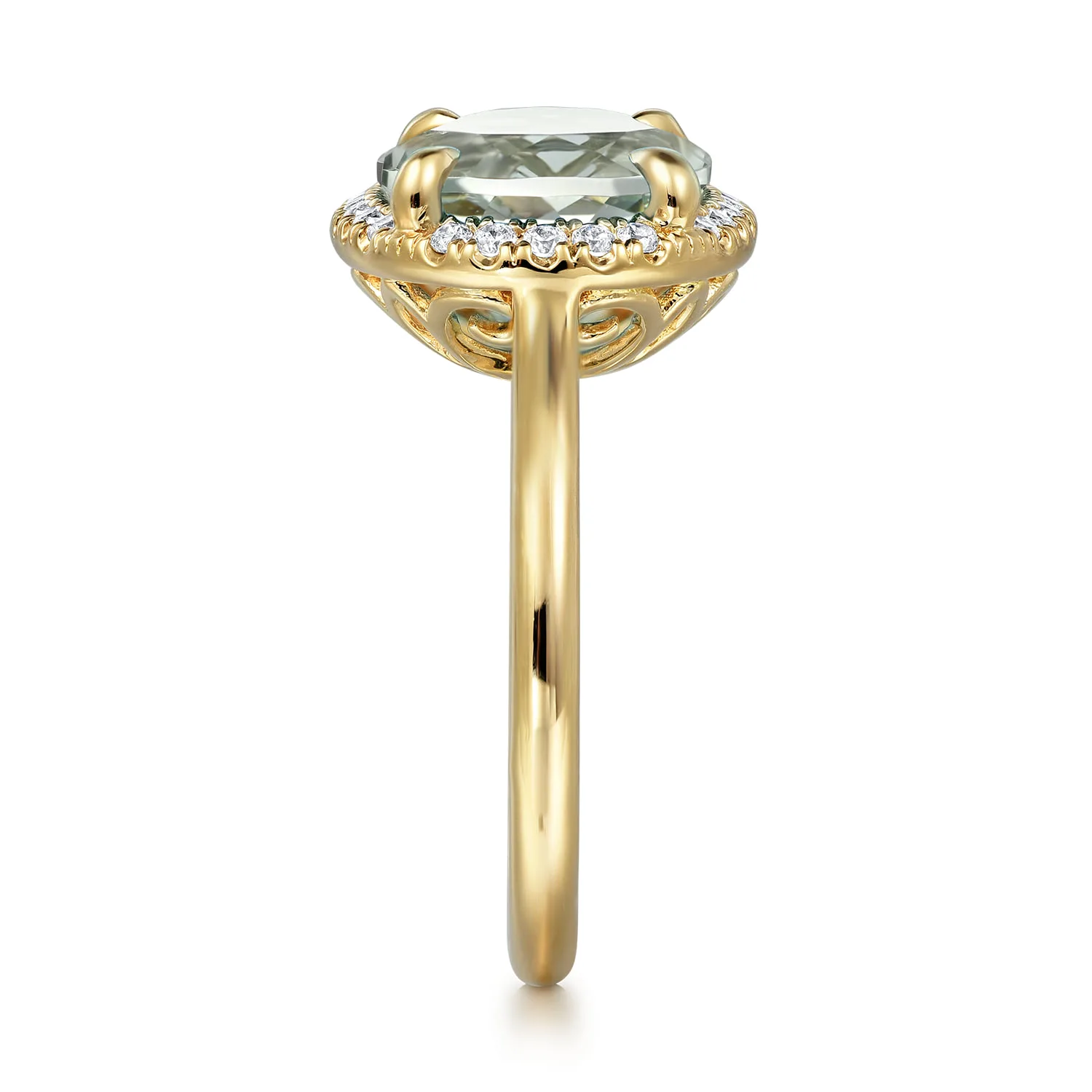Diamond and Oval Shape Green Amethyst Ladies Ring With Flower Pattern Gallery in 14K Yellow Gold, photograph 4