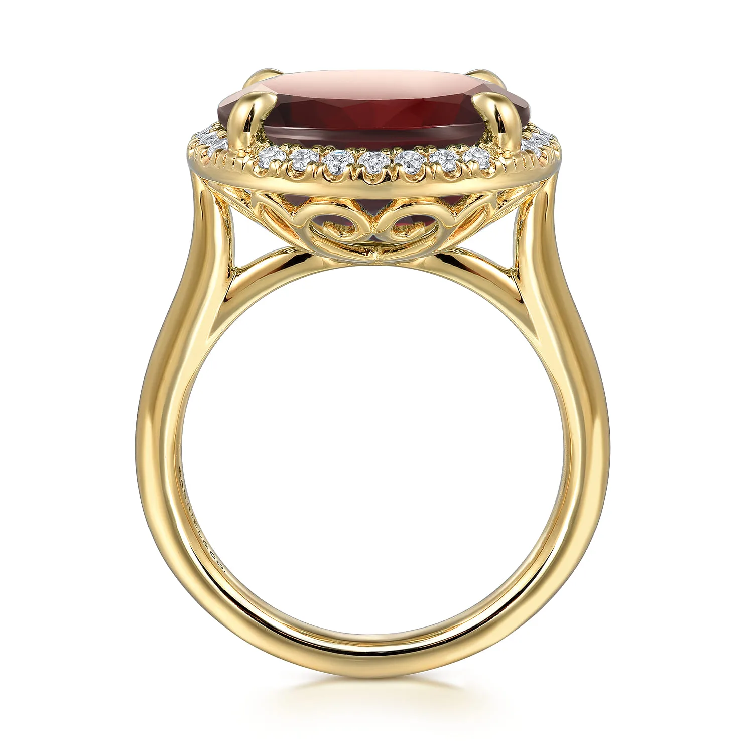 Diamond and Oval Shape Garnet Ladies Ring With Flower Pattern Gallery in 14K Yellow Gold, photograph 2