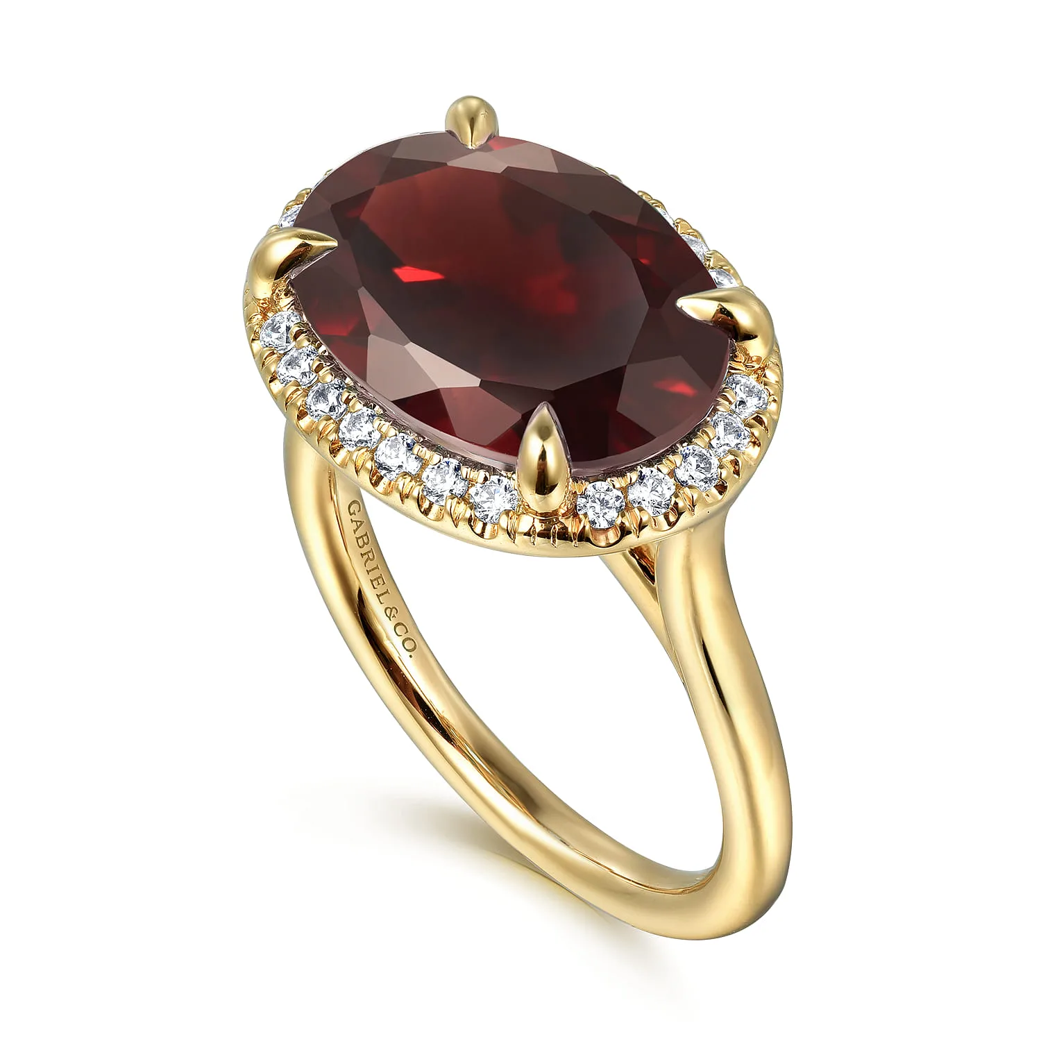 Diamond and Oval Shape Garnet Ladies Ring With Flower Pattern Gallery in 14K Yellow Gold, photograph 3