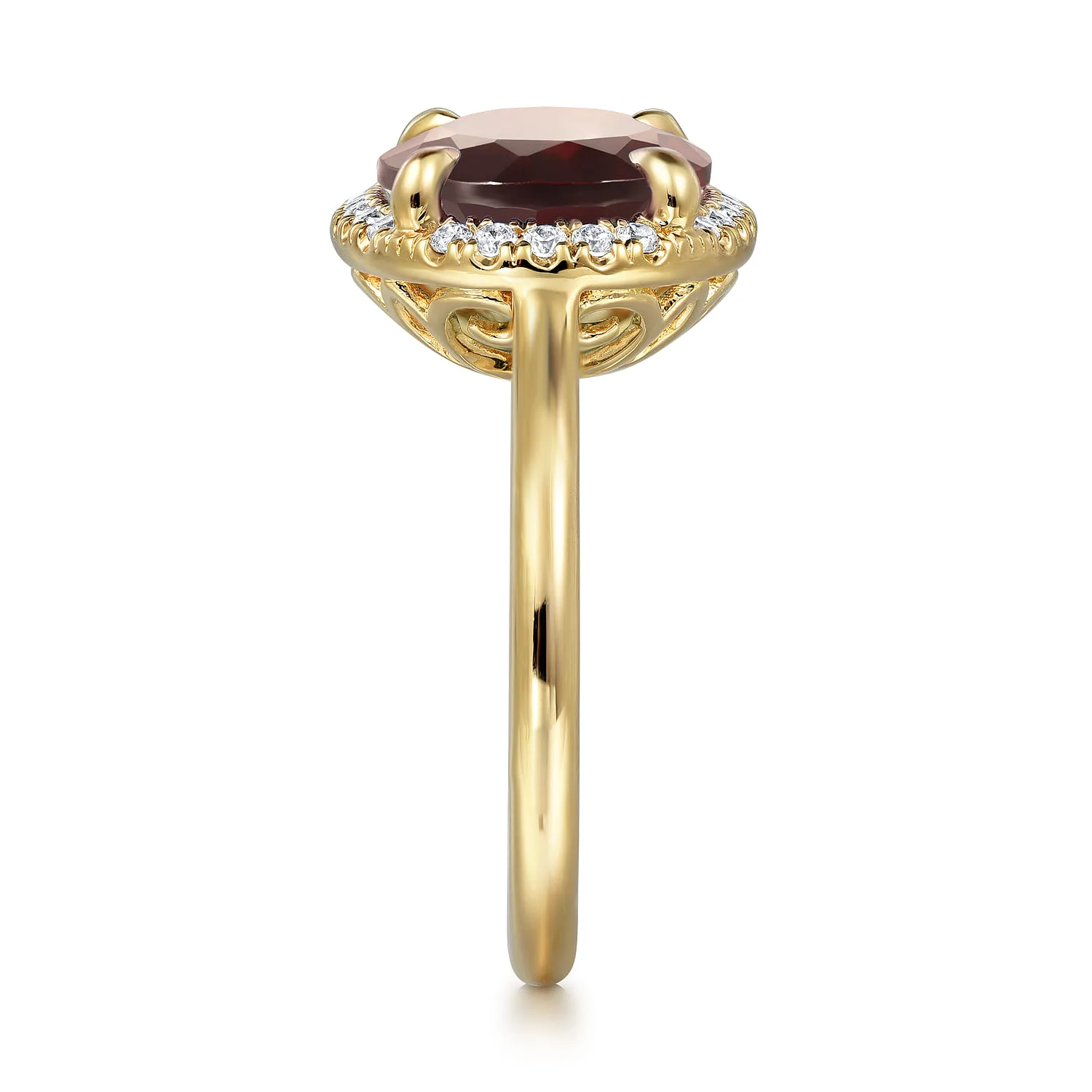 Diamond and Oval Shape Garnet Ladies Ring With Flower Pattern Gallery in 14K Yellow Gold, photograph 4