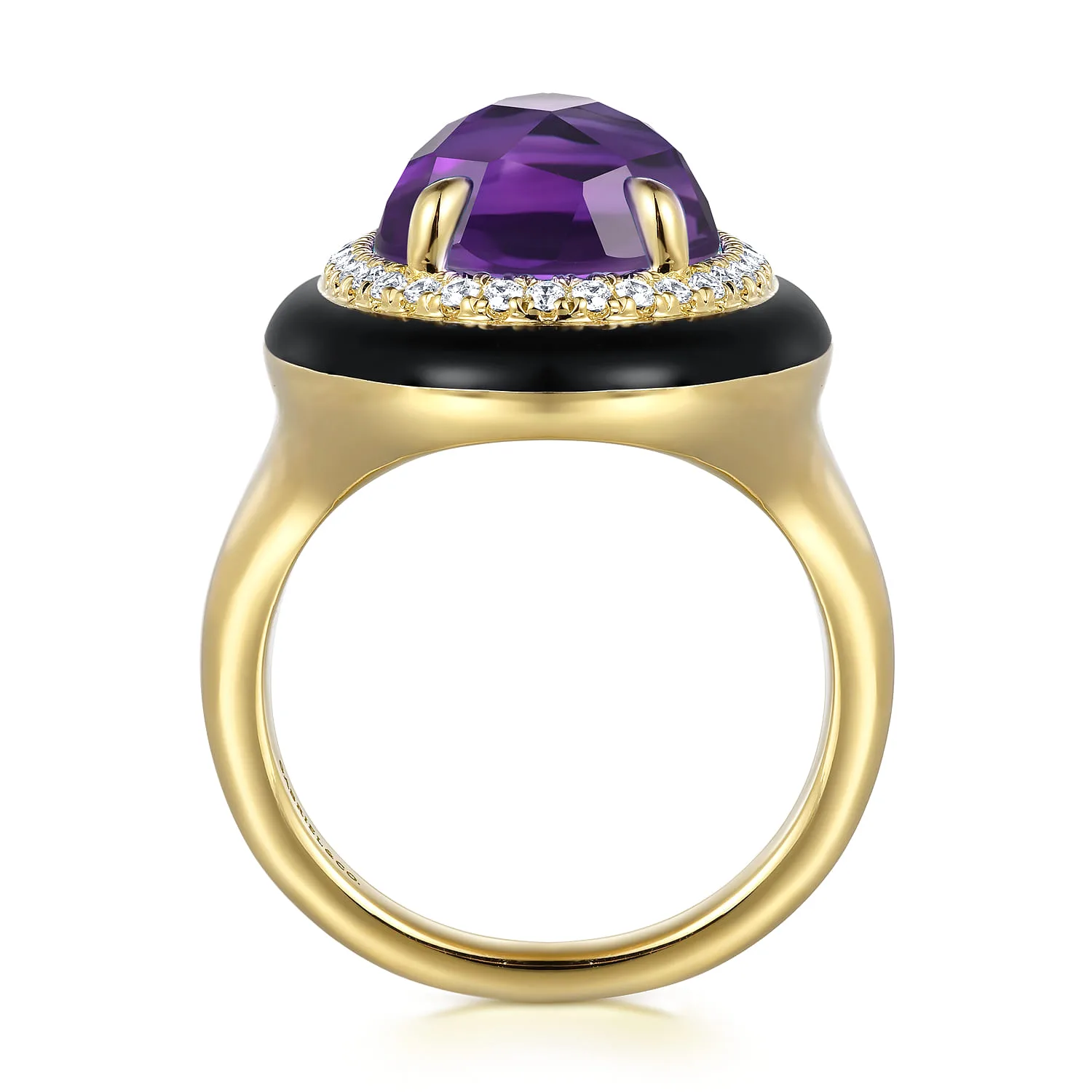 Diamond and Amethyst Cocktail Ring with Black Enamel in 14K Yellow Gold, photograph 2