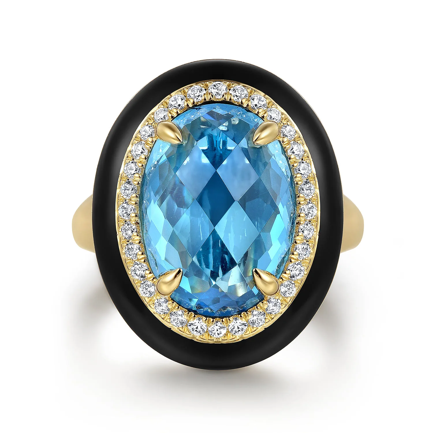 Diamond and Blue Topaz Cocktail Ring with Black Enamel
