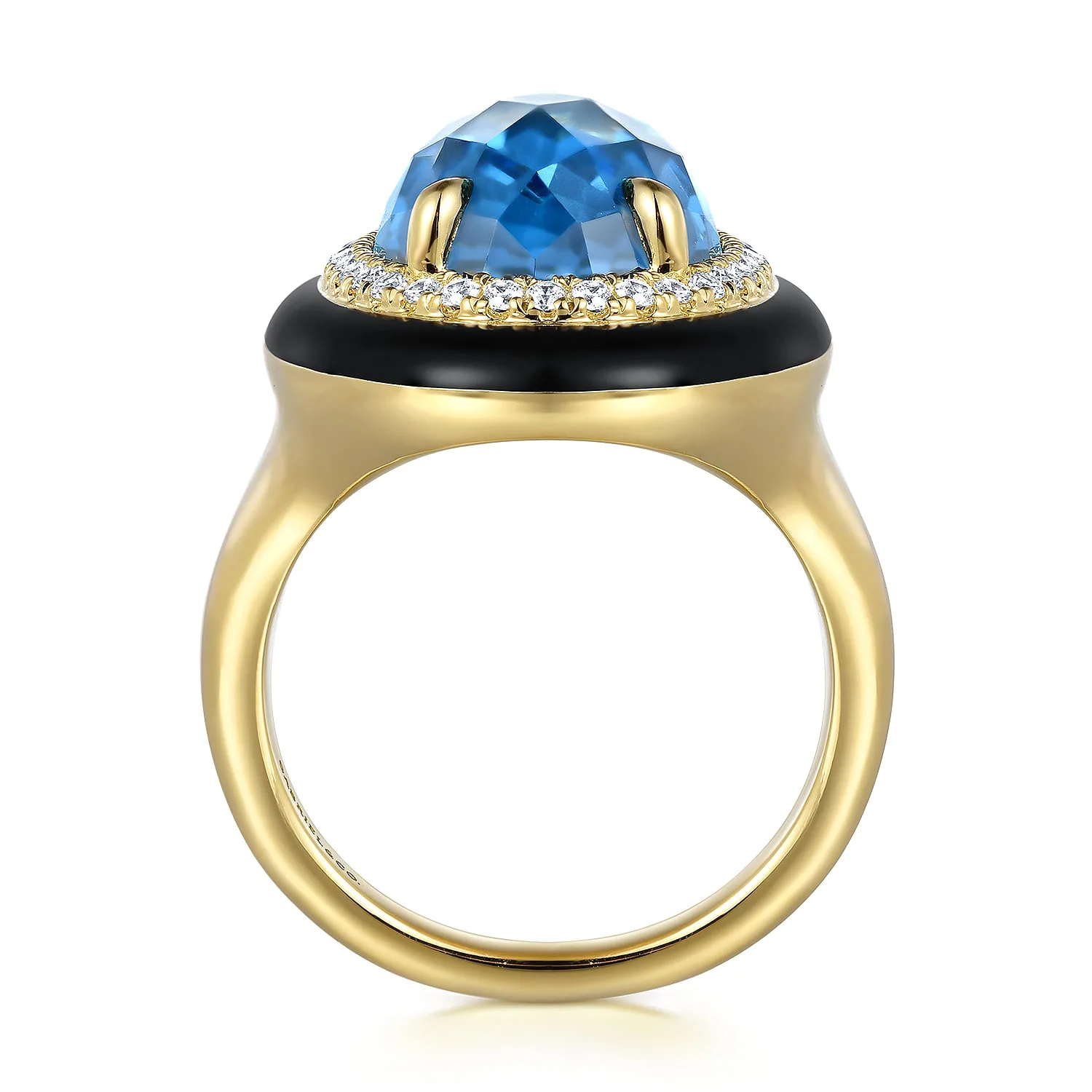 Diamond and Blue Topaz Cocktail Ring with Black Enamel in 14K Yellow Gold, photograph 2