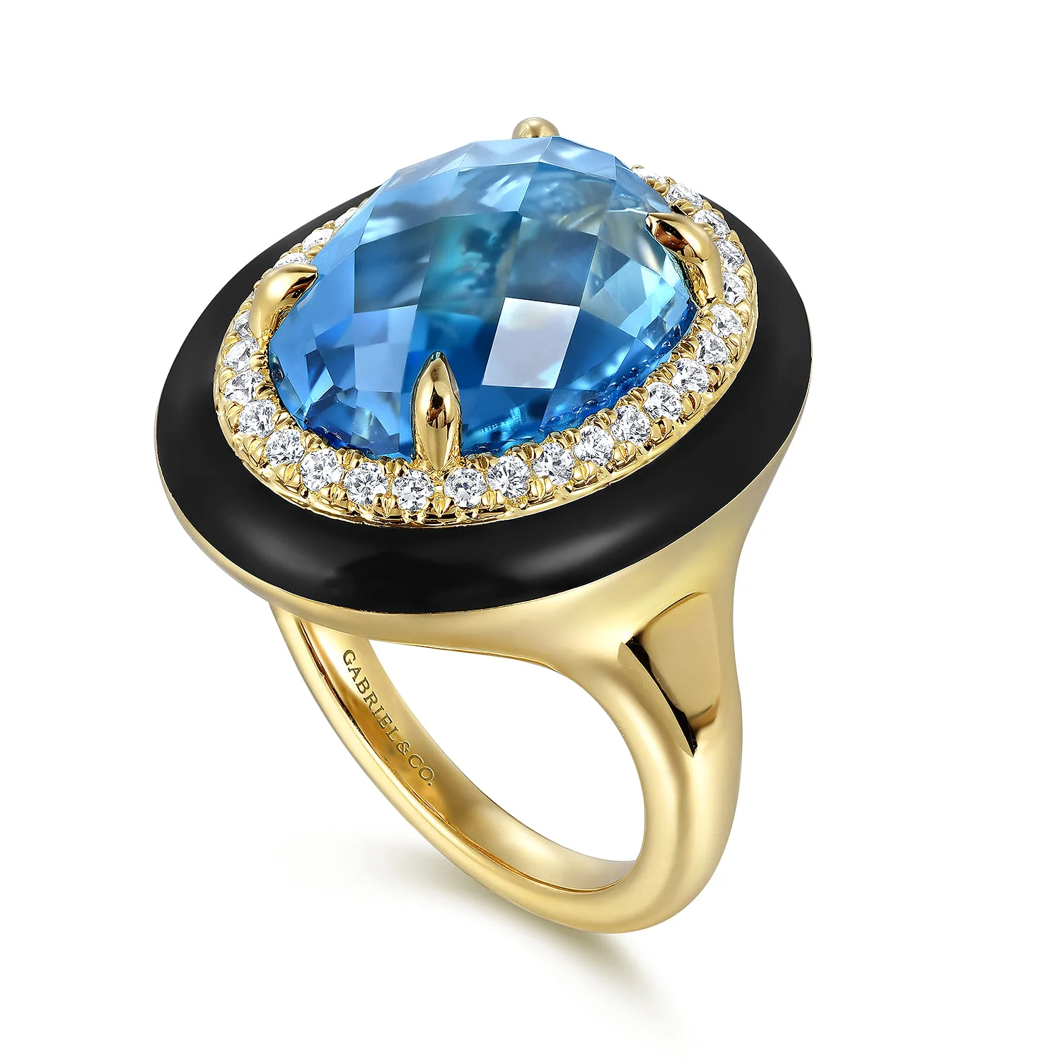 Diamond and Blue Topaz Cocktail Ring with Black Enamel in 14K Yellow Gold, photograph 3