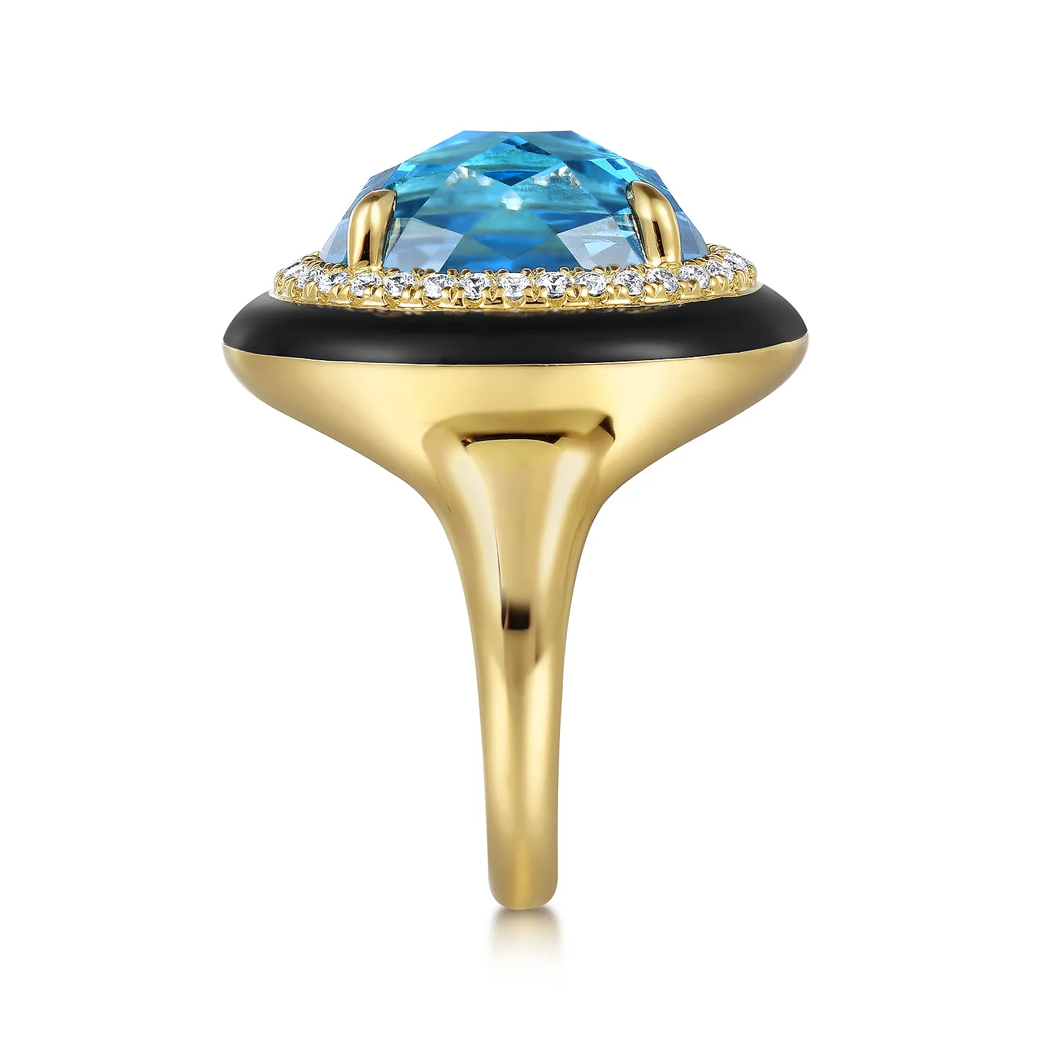 Diamond and Blue Topaz Cocktail Ring with Black Enamel in 14K Yellow Gold, photograph 4