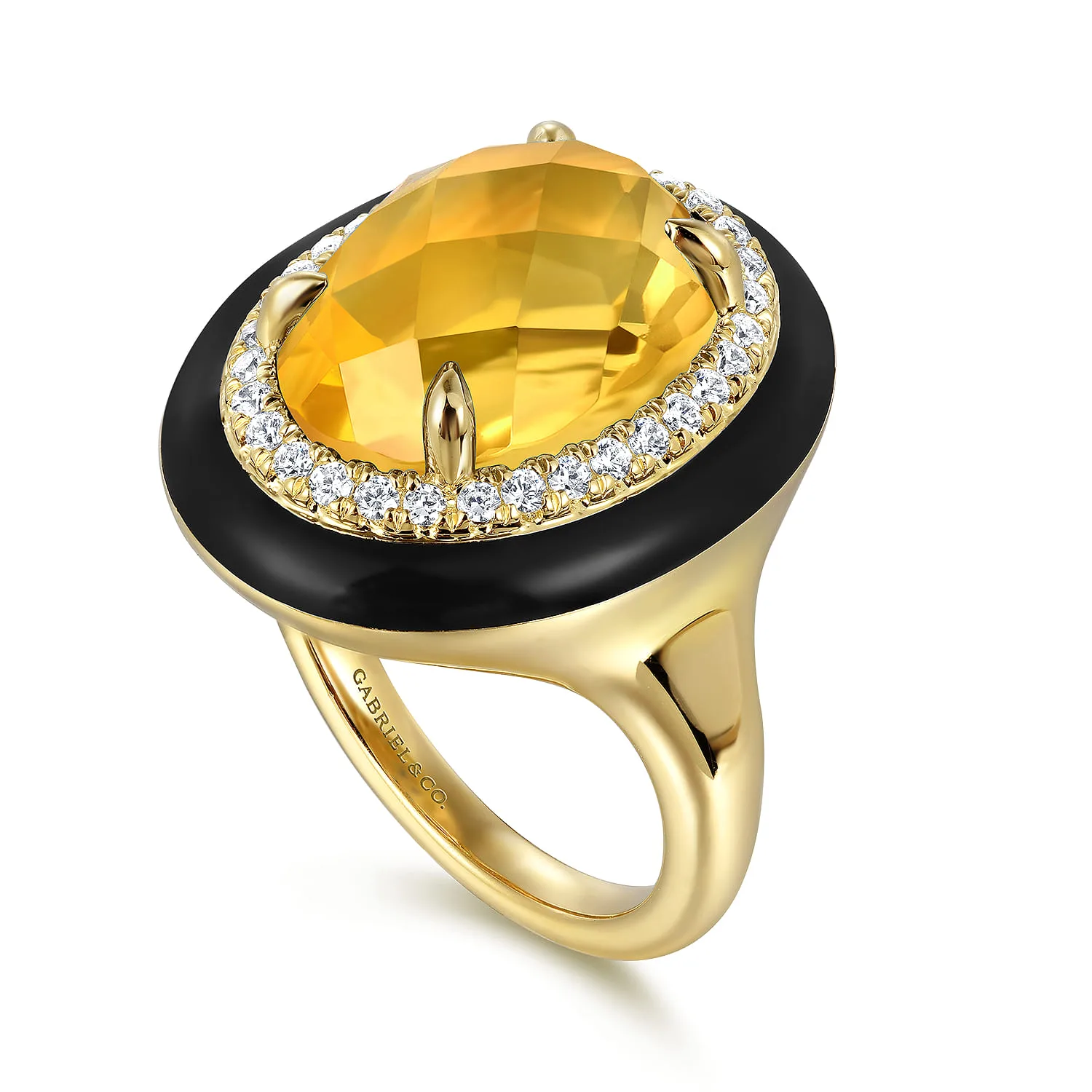 Diamond and Citrine Cocktail Ring with Black Enamel in 14K Yellow Gold, photograph 3