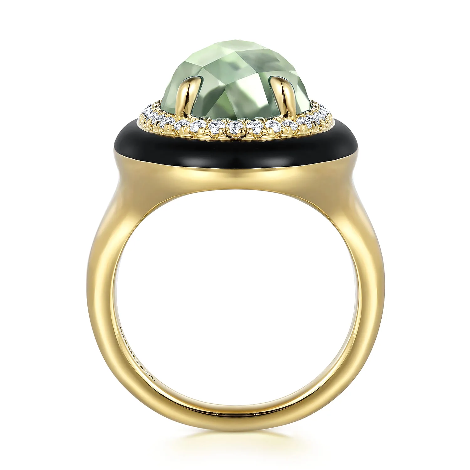 Diamond and Green Amethyst Cocktail Ring with Black Enamel in 14K Yellow Gold, photograph 2