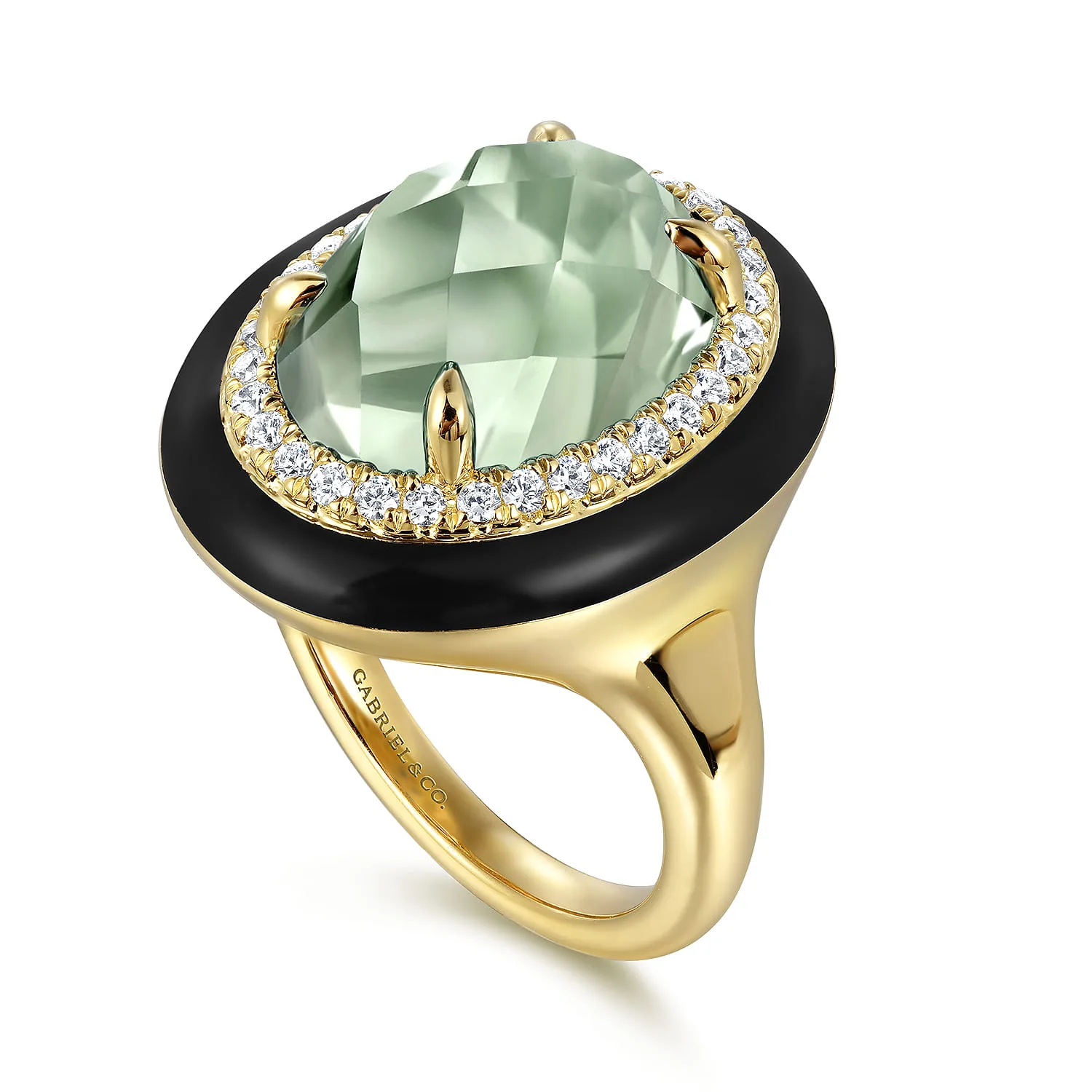 Diamond and Green Amethyst Cocktail Ring with Black Enamel in 14K Yellow Gold, photograph 3