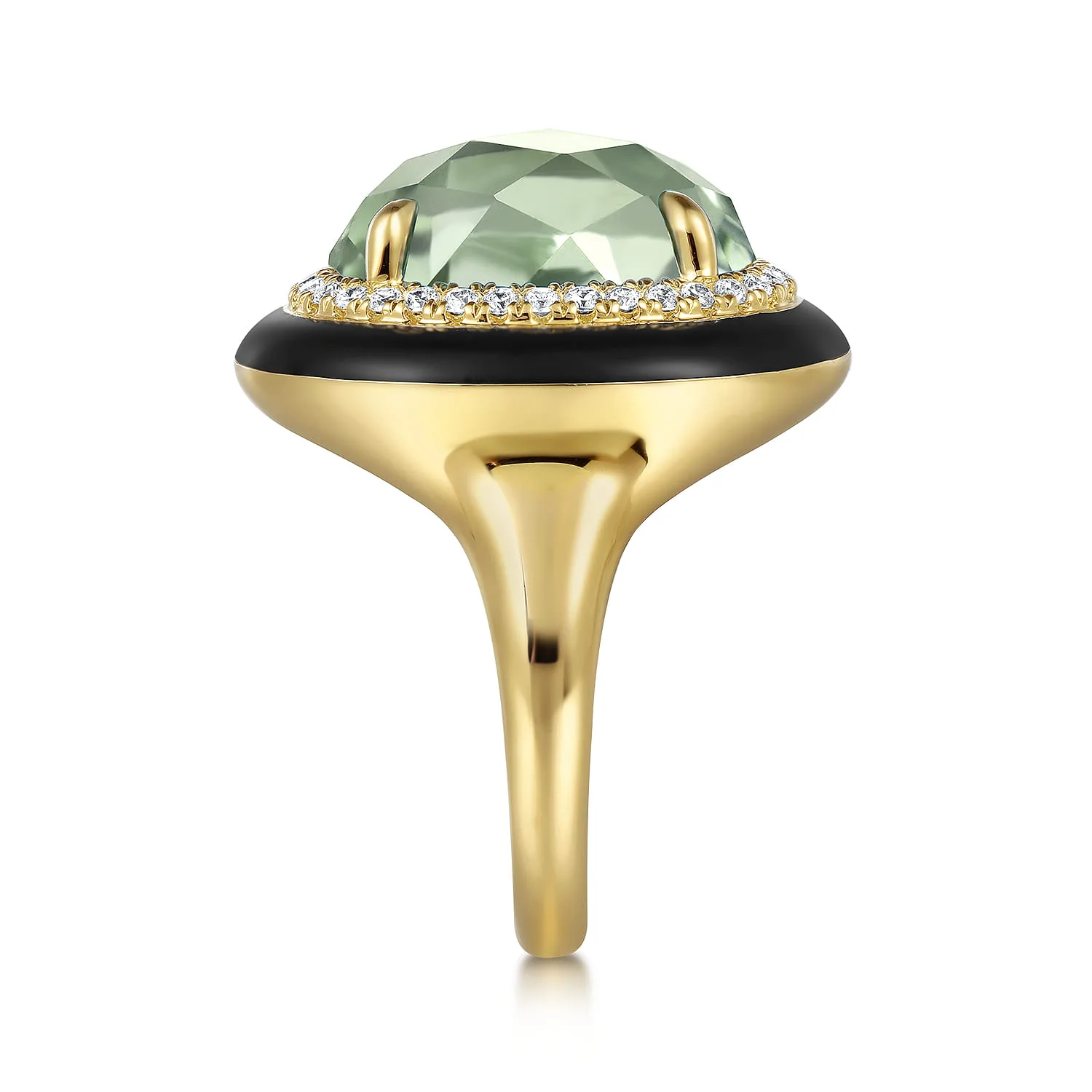 Diamond and Green Amethyst Cocktail Ring with Black Enamel in 14K Yellow Gold, photograph 4