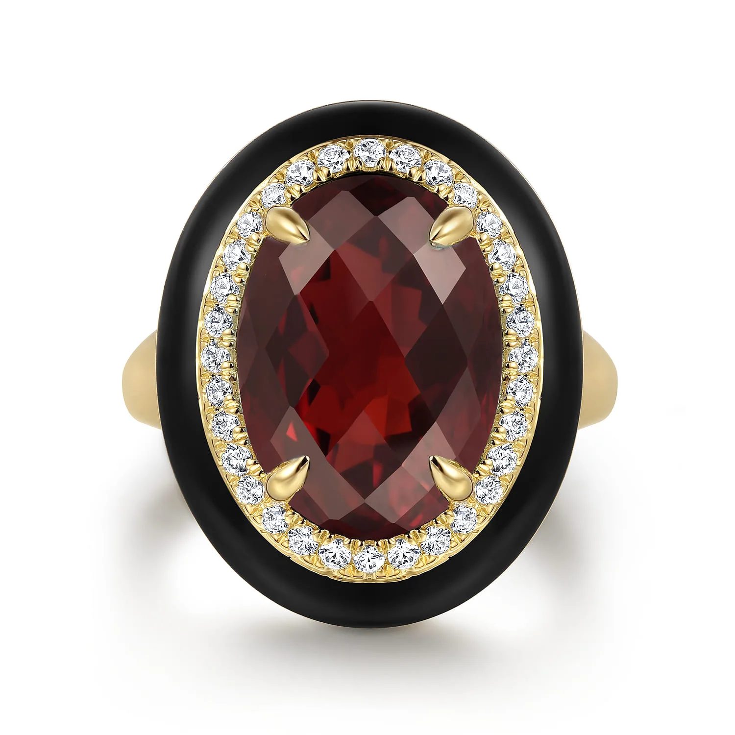 Diamond and Garnet Cocktail Ring with Black Enamel