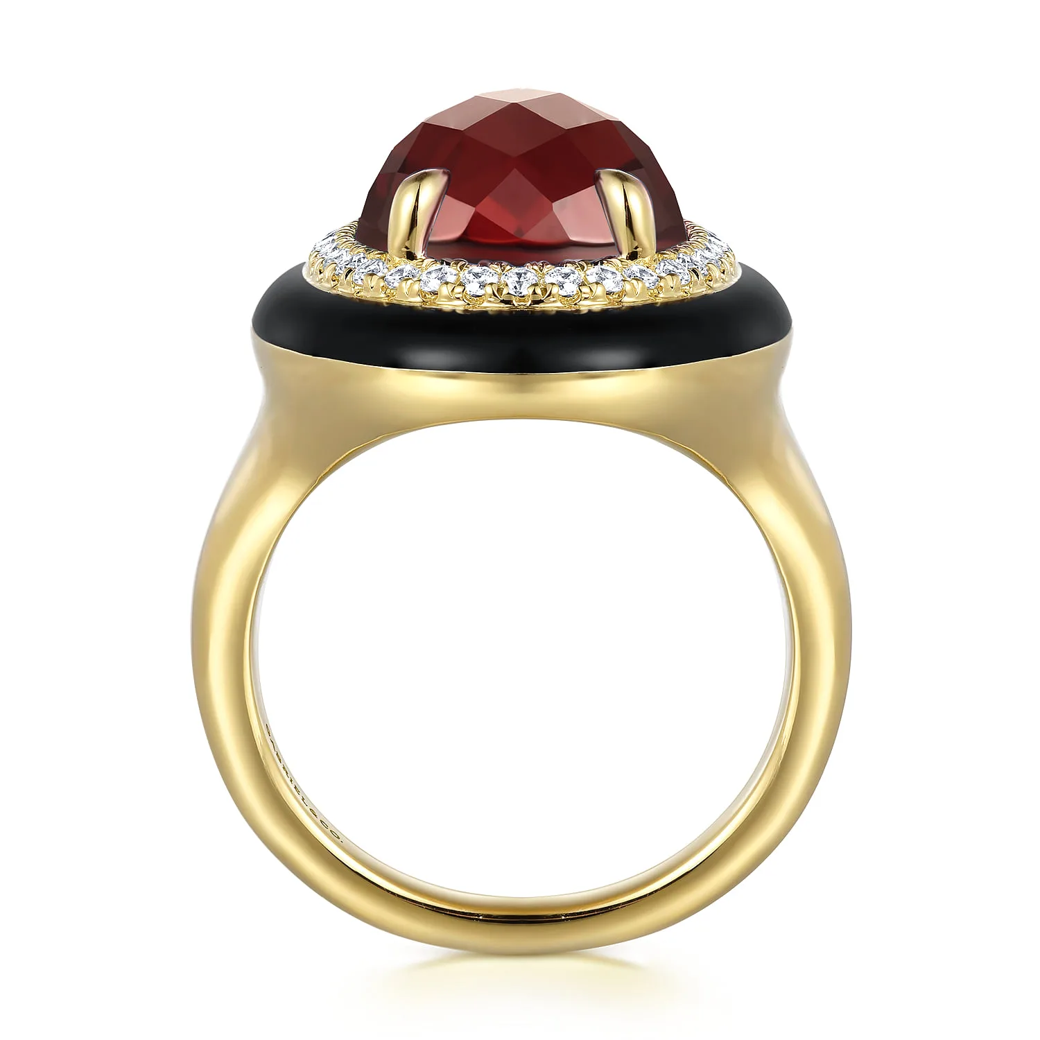 Diamond and Garnet Cocktail Ring with Black Enamel in 14K Yellow Gold, photograph 2