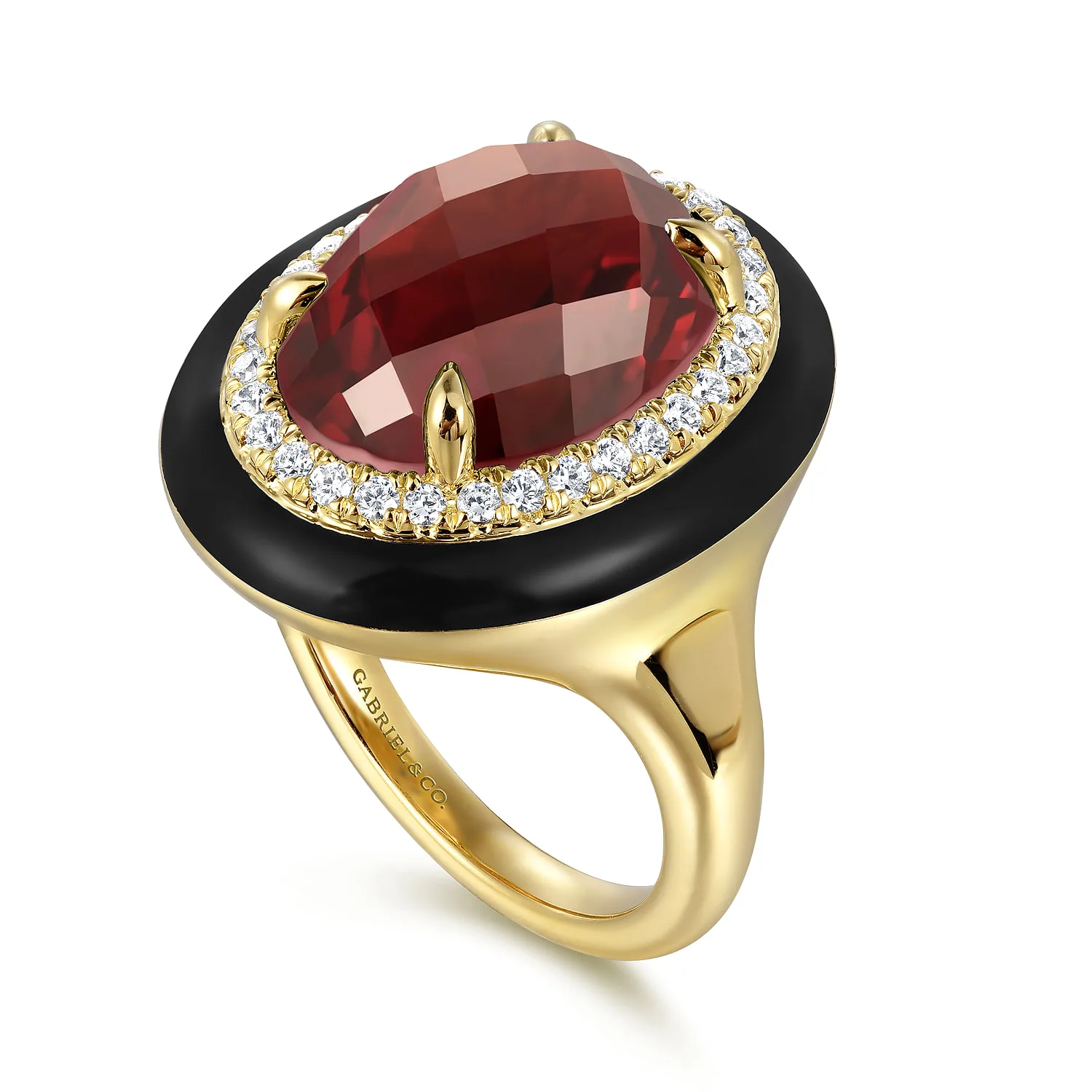 Diamond and Garnet Cocktail Ring with Black Enamel in 14K Yellow Gold, photograph 3