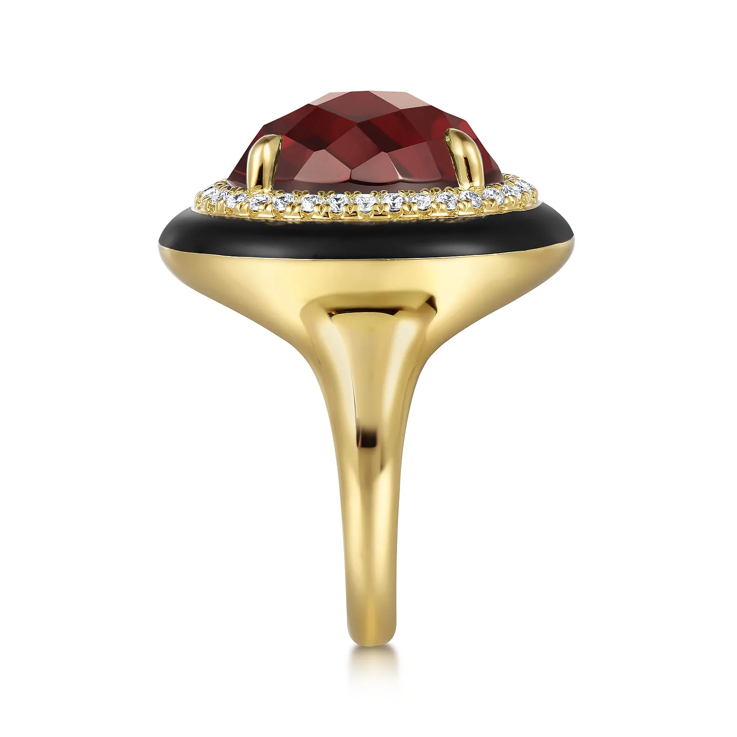 Diamond and Garnet Cocktail Ring with Black Enamel in 14K Yellow Gold, photograph 4