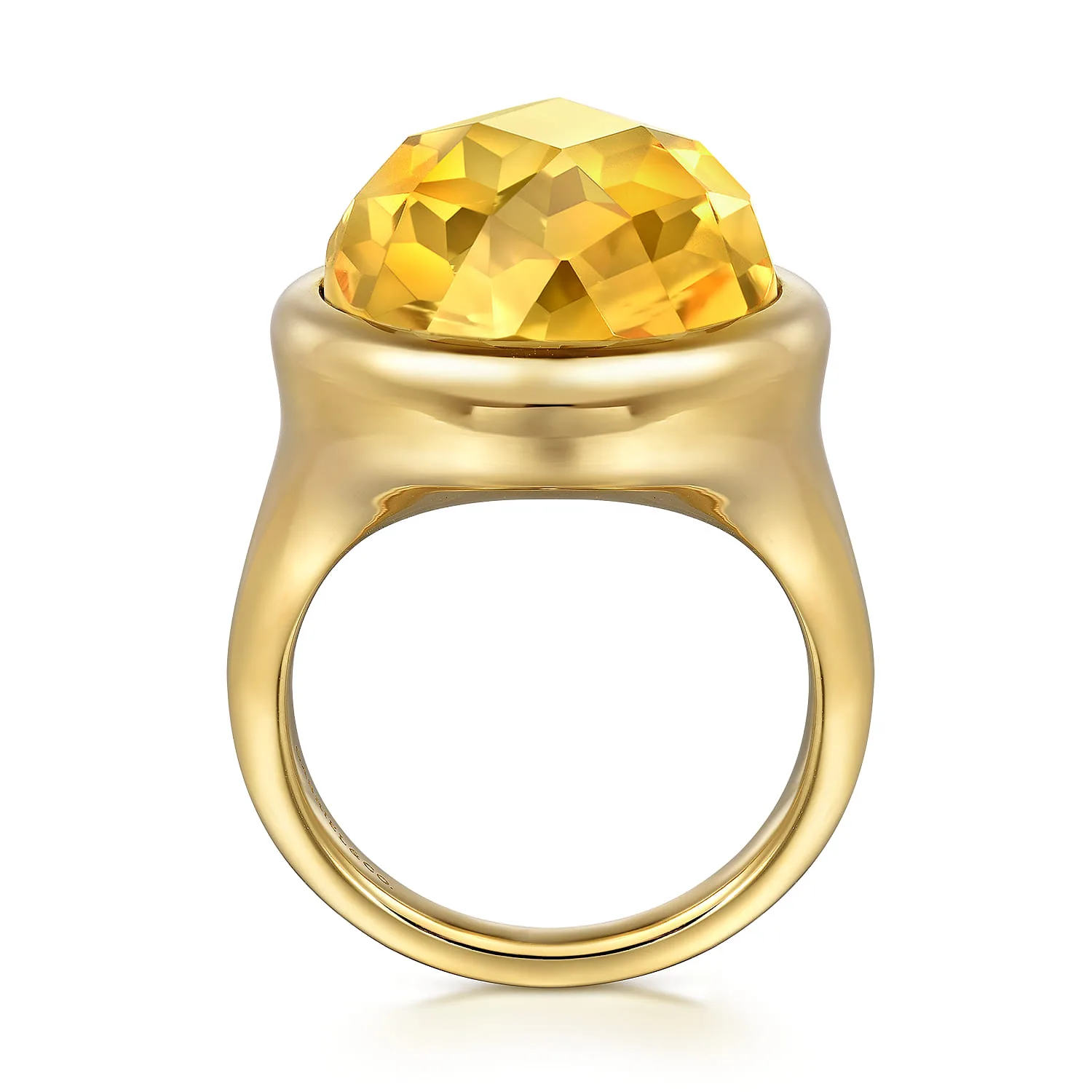 Citrine Round Shape Ladies Ring With Flower Pattern J-Back in 14K Yellow Gold, photograph 2