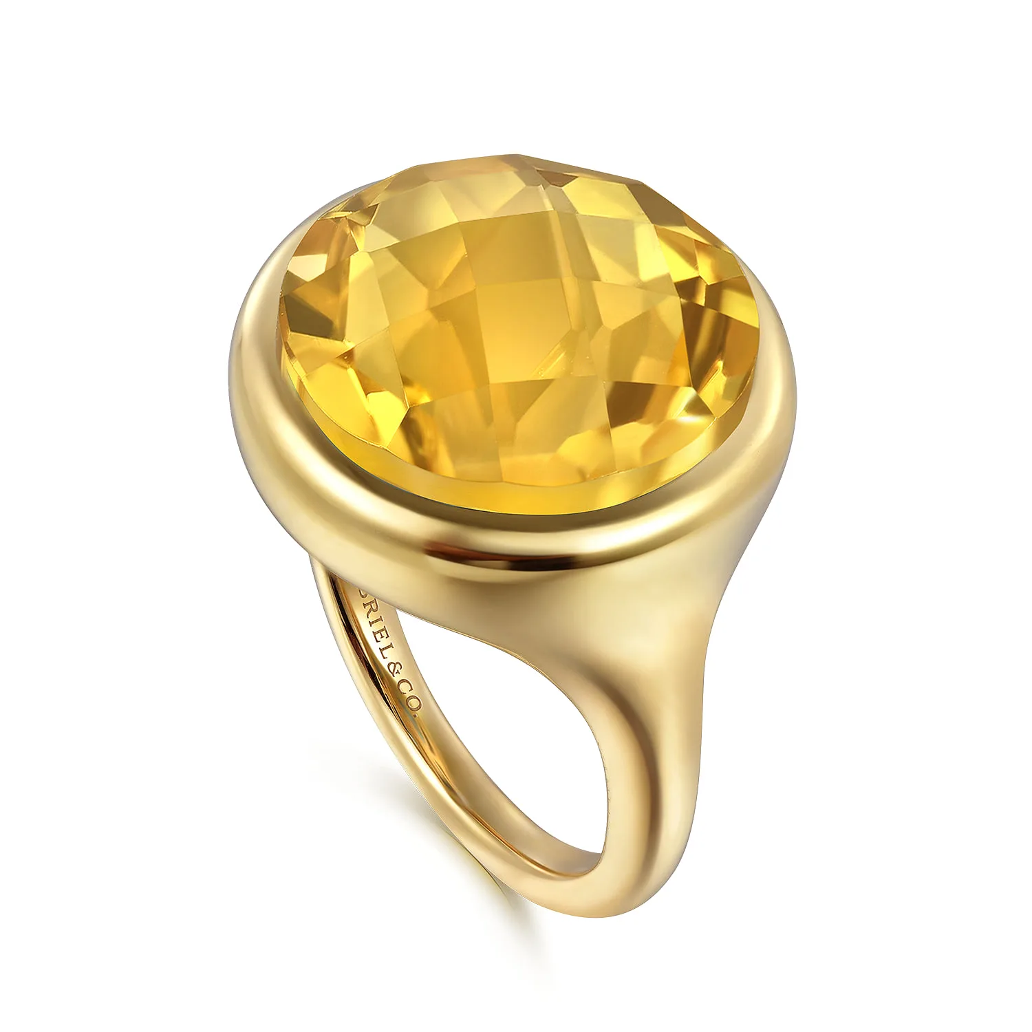 Citrine Round Shape Ladies Ring With Flower Pattern J-Back in 14K Yellow Gold, photograph 3