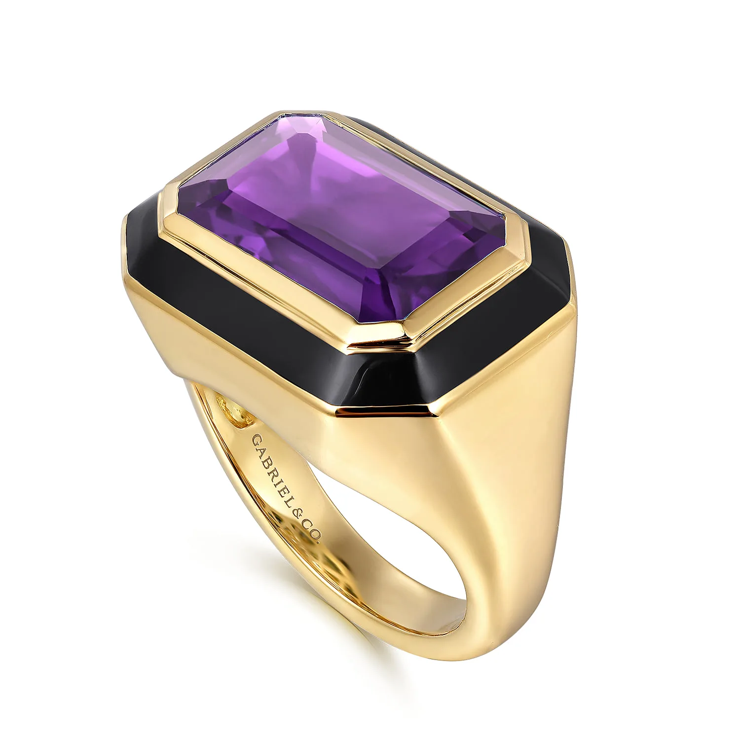 Amethyst Cocktail Ring with Black Enamel in 14K Yellow Gold, photograph 3