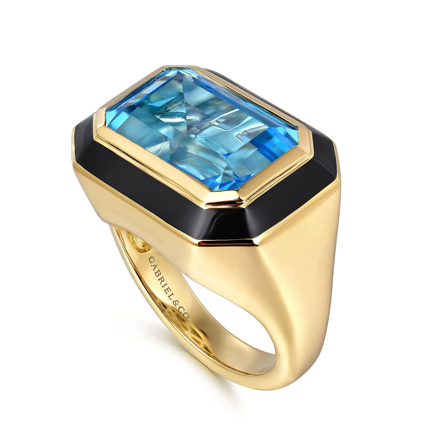 Blue Topaz Cocktail Ring with Black Enamel in 14K Yellow Gold, photograph 3