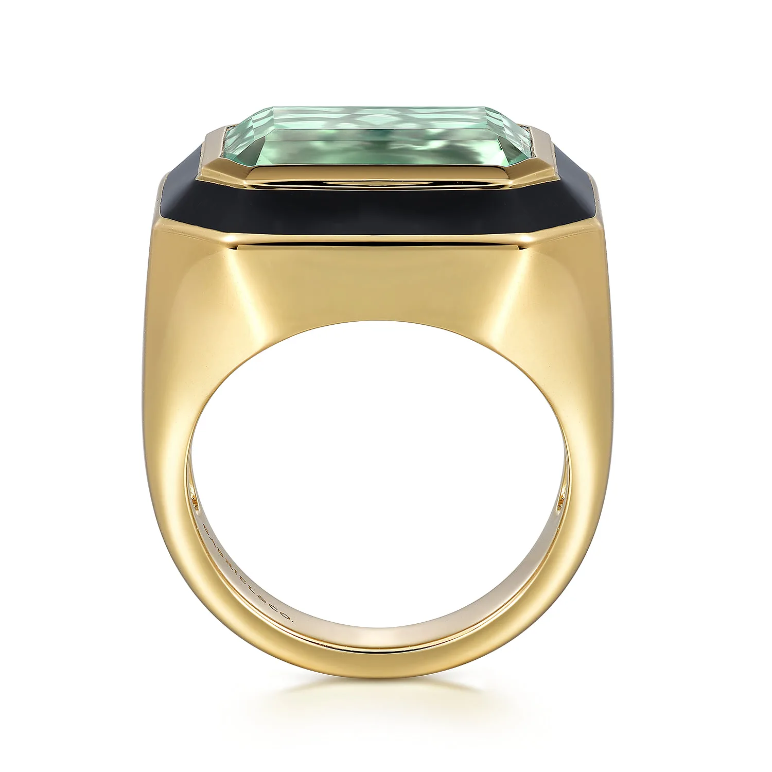 Green Amethyst Cocktail Ring with Black Enamel in 14K Yellow Gold, photograph 2
