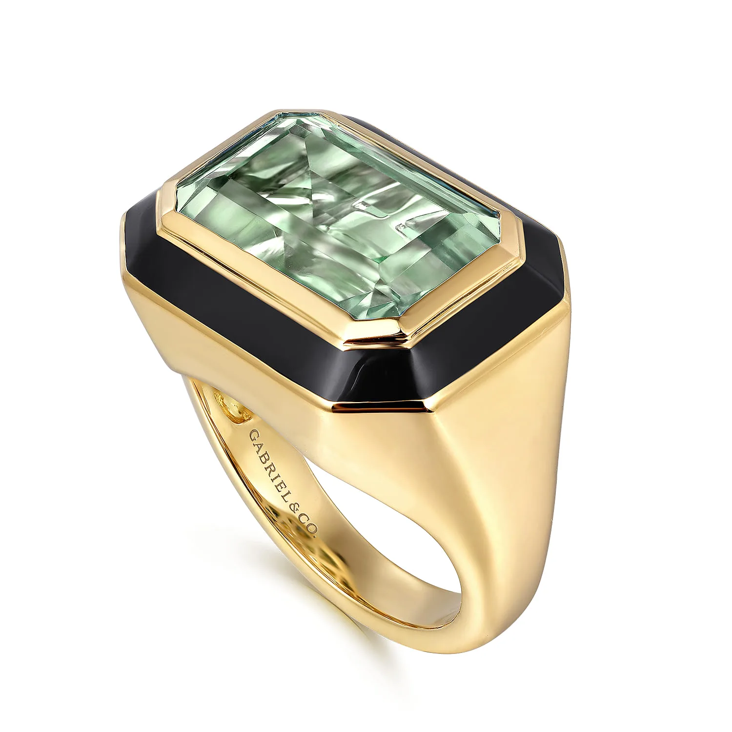 Green Amethyst Cocktail Ring with Black Enamel in 14K Yellow Gold, photograph 3
