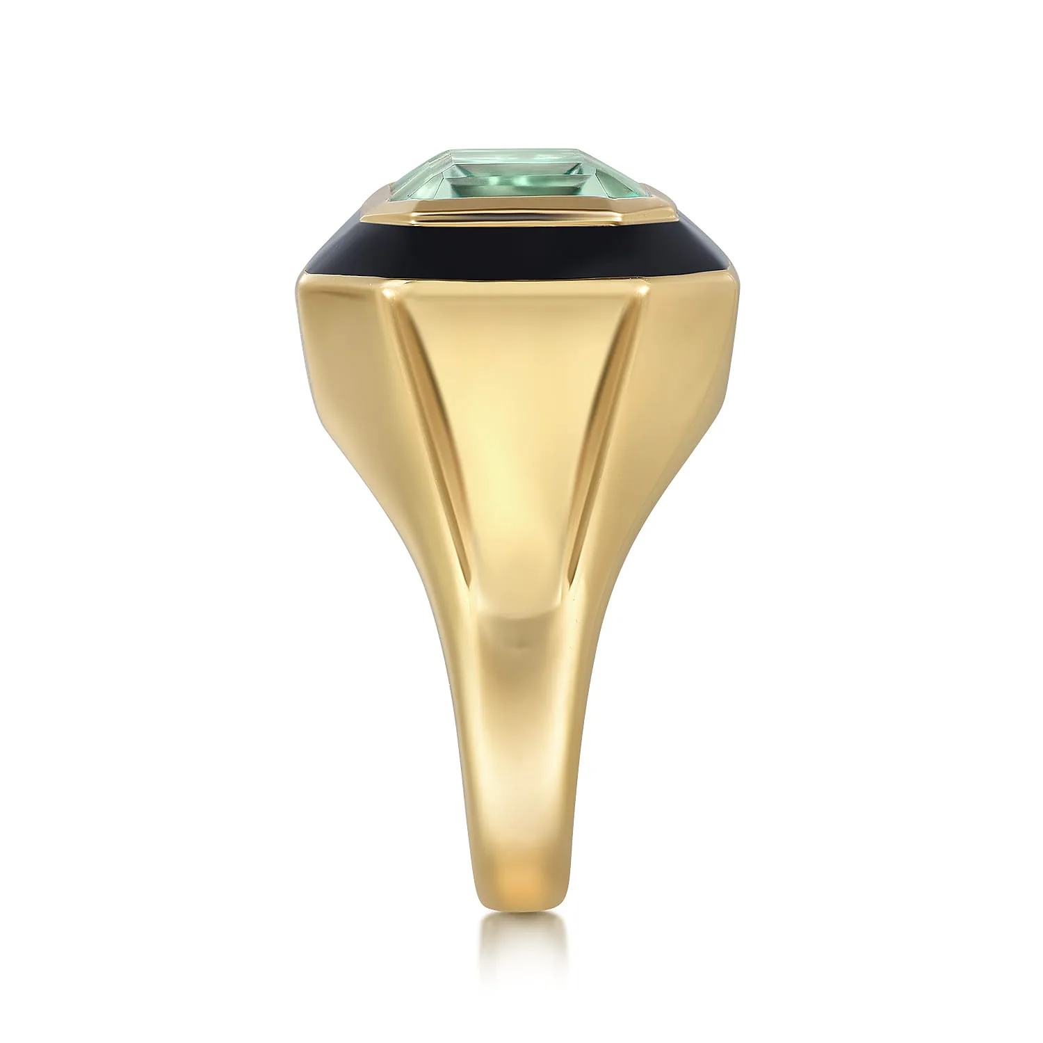 Green Amethyst Cocktail Ring with Black Enamel in 14K Yellow Gold, photograph 4