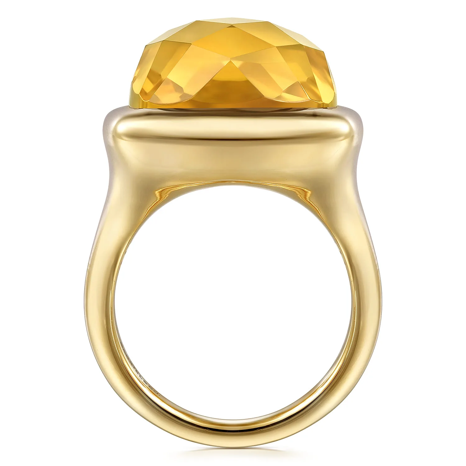 Cushion Cut Citrine Ladies Ring With Flower Pattern J-Back in 14K Yellow Gold, photograph 2