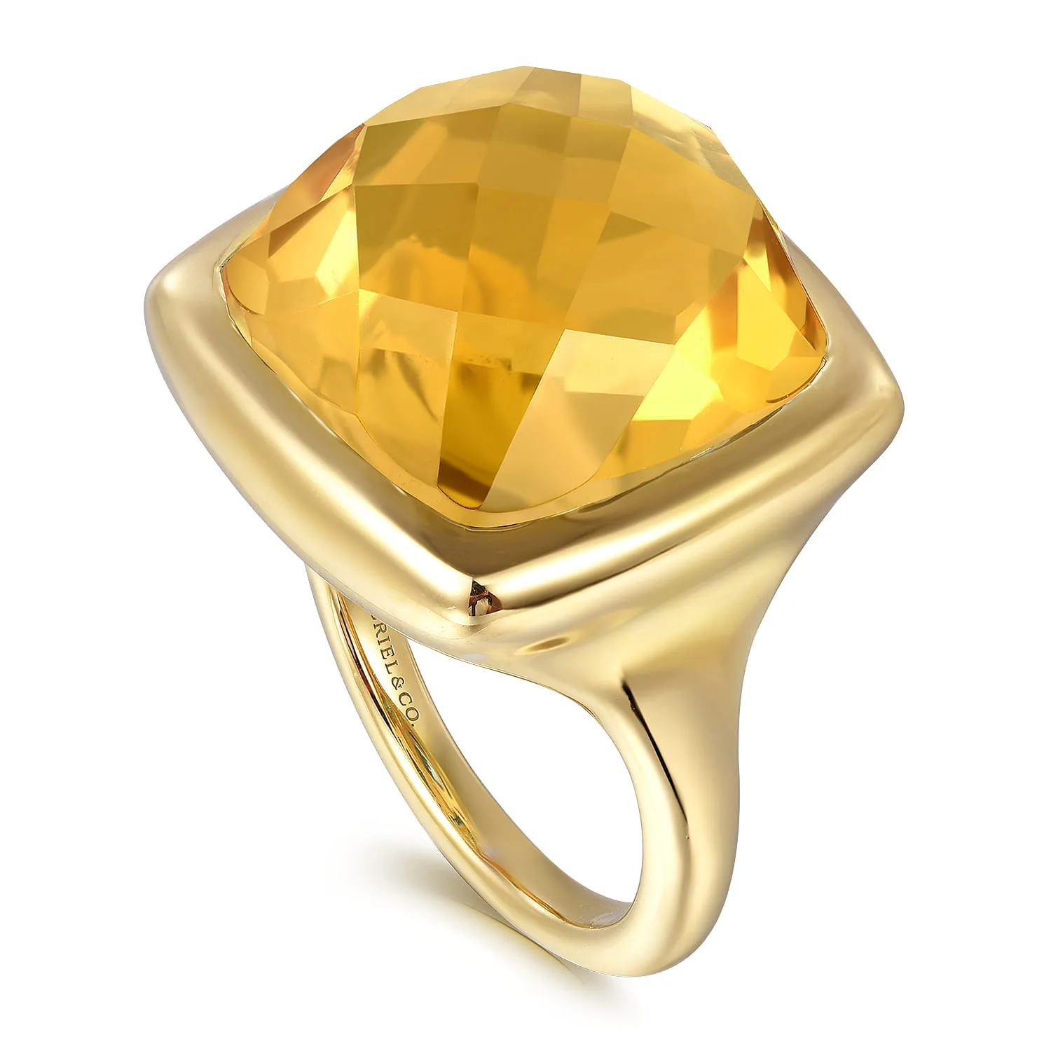 Cushion Cut Citrine Ladies Ring With Flower Pattern J-Back in 14K Yellow Gold, photograph 3