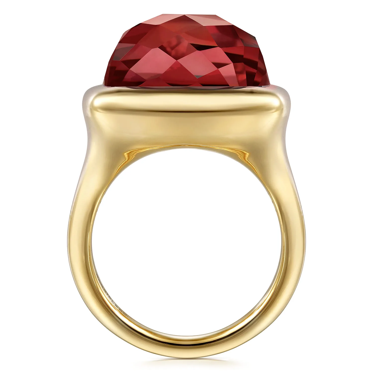 Cushion Cut Garnet Ladies Ring With Flower Pattern J-Back in 14K Yellow Gold, photograph 2