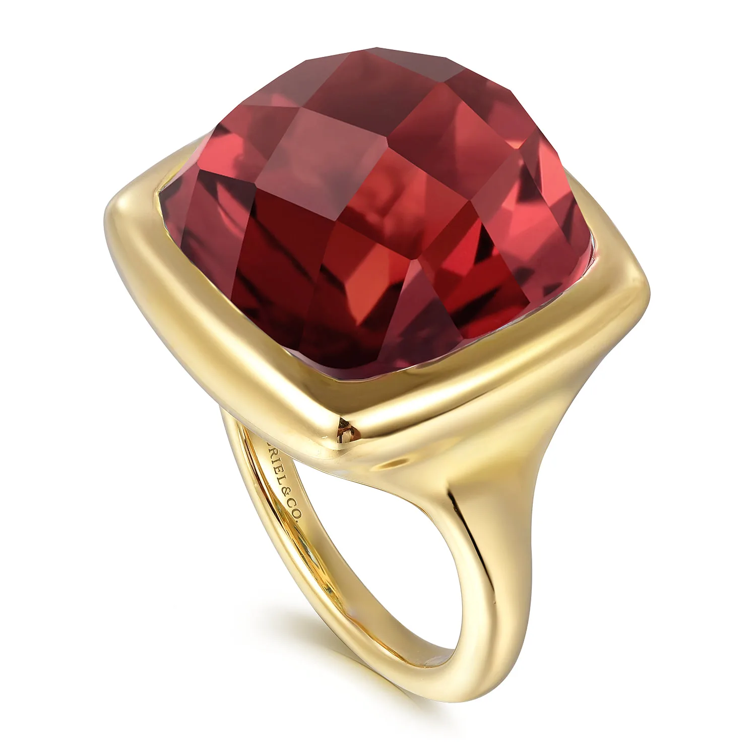 Cushion Cut Garnet Ladies Ring With Flower Pattern J-Back in 14K Yellow Gold, photograph 3