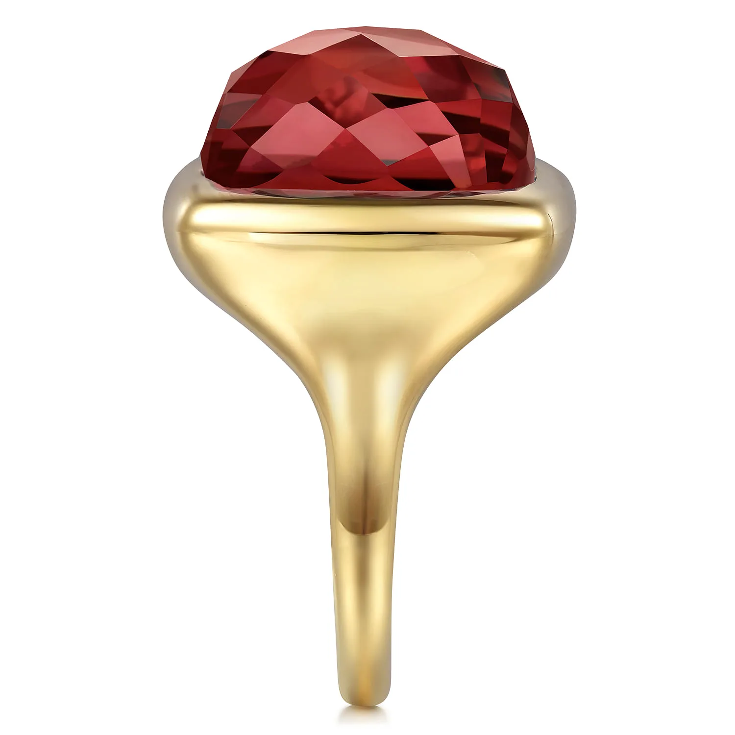 Cushion Cut Garnet Ladies Ring With Flower Pattern J-Back in 14K Yellow Gold, photograph 4