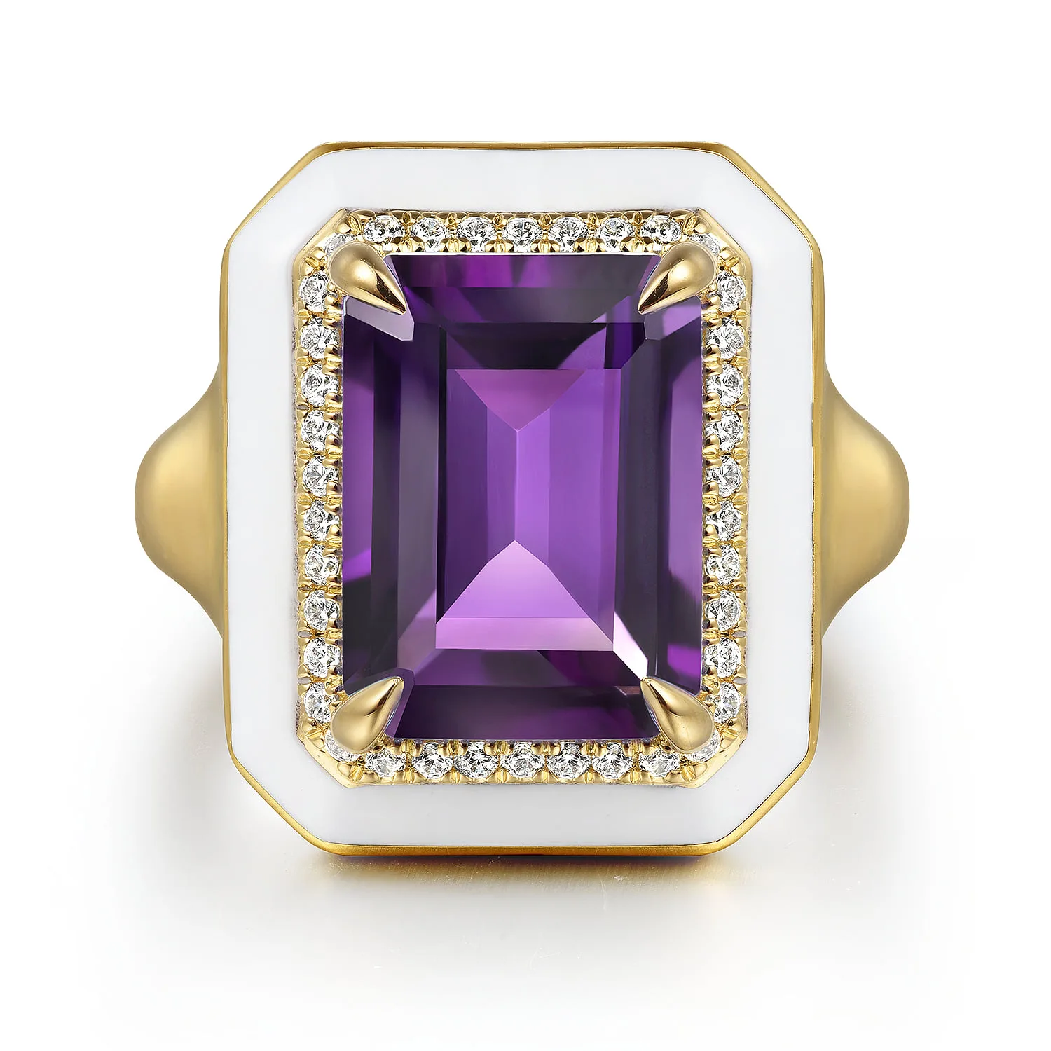 Diamond Halo and Amethyst Cocktail Ring with White Enamel