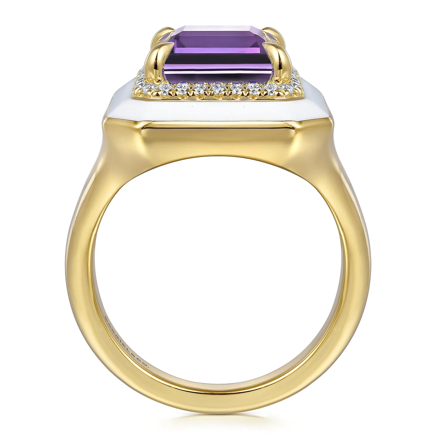 Diamond Halo and Amethyst Cocktail Ring with White Enamel in 14K Yellow Gold, photograph 2