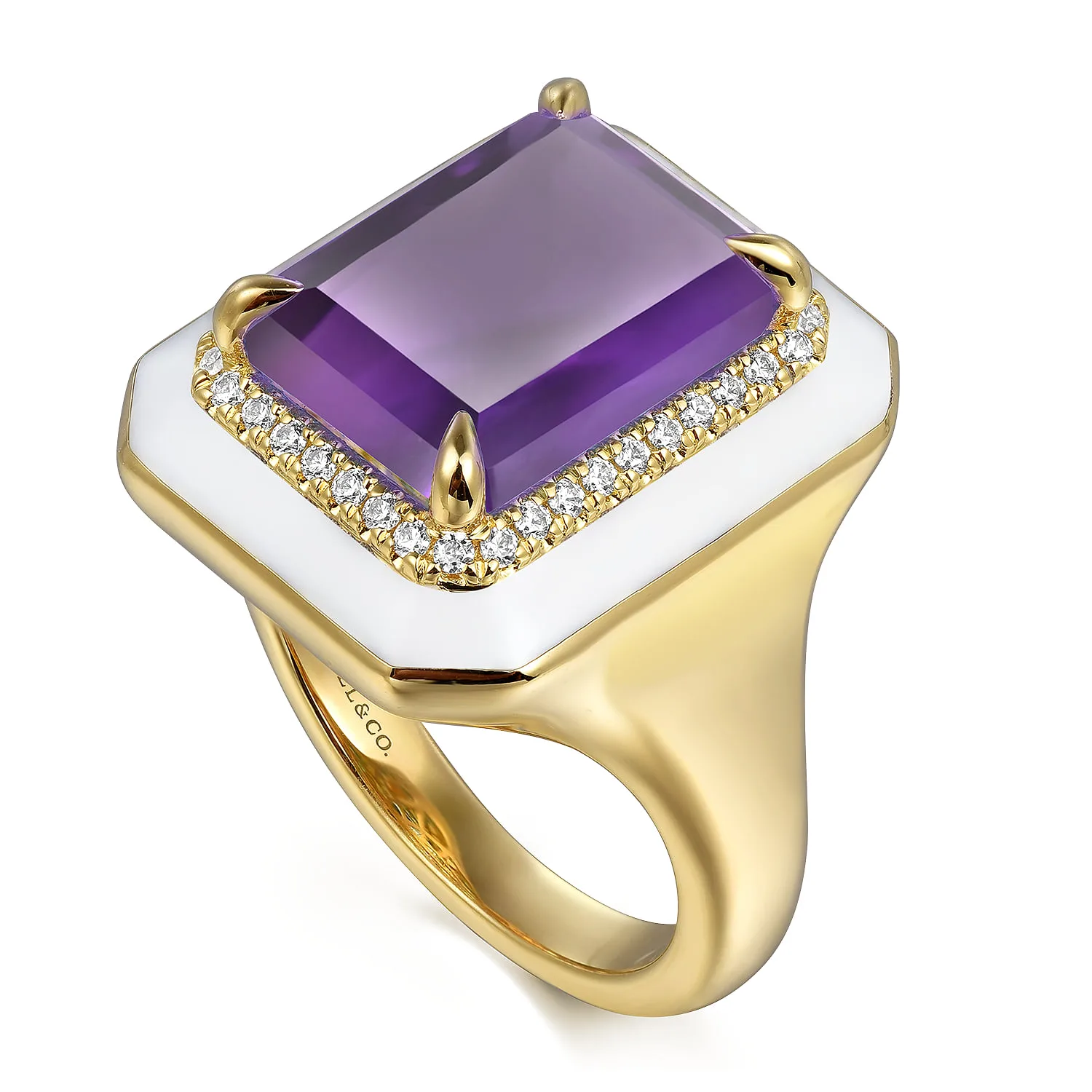 Diamond Halo and Amethyst Cocktail Ring with White Enamel in 14K Yellow Gold, photograph 3