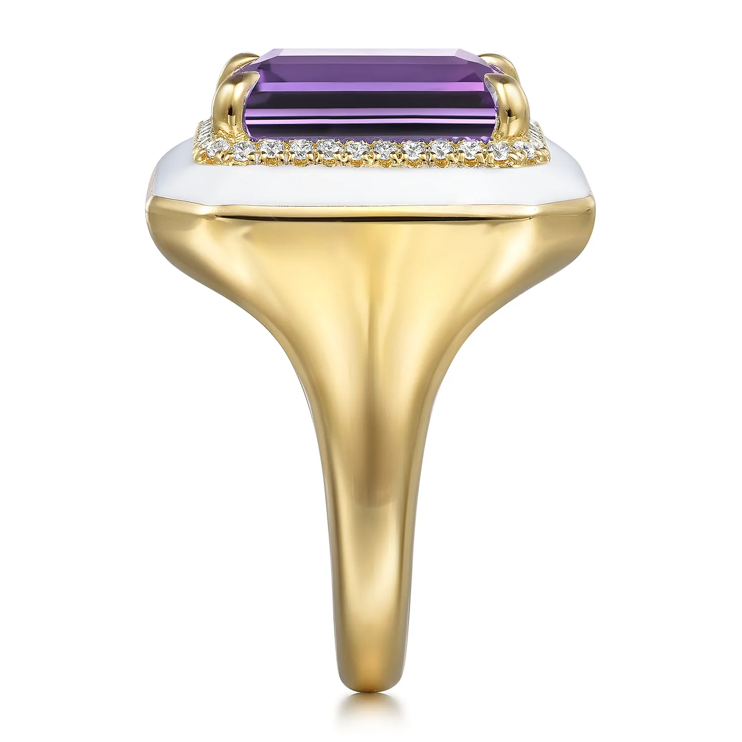 Diamond Halo and Amethyst Cocktail Ring with White Enamel in 14K Yellow Gold, photograph 4